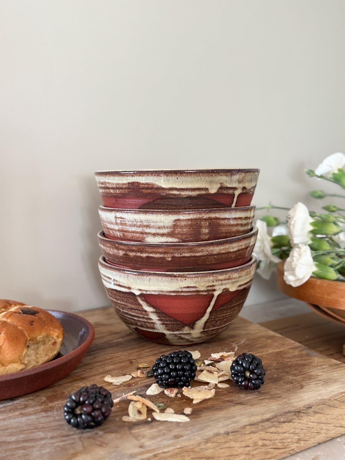Studio Pottery Drip Glaze Swirl Bowls – Signed RW (Set of 4)