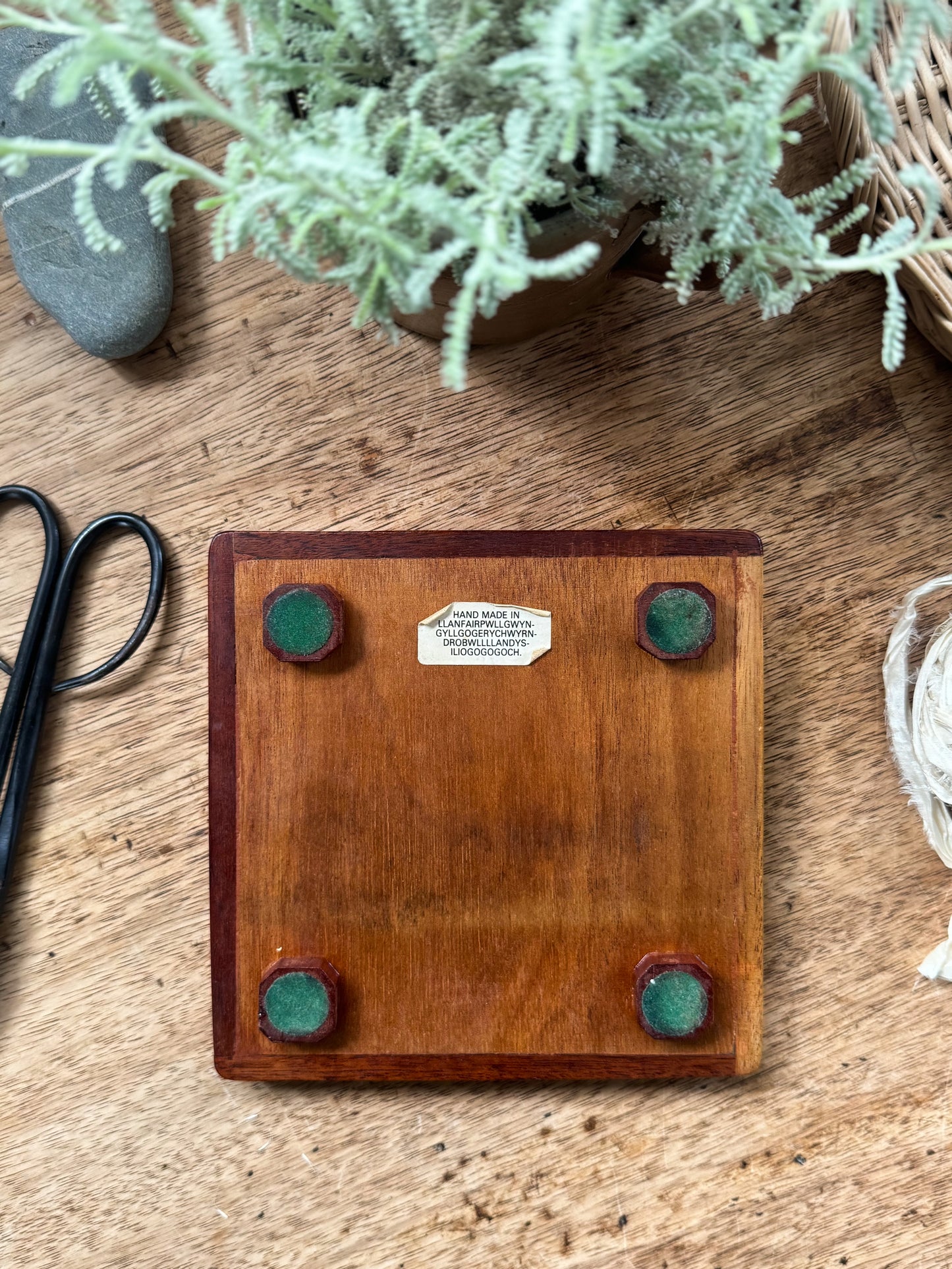 Vintage Welsh Studio Pottery ‘Tea & Jam’ Trivet in Solid Teak - Handmade in Llanfairpwllgwyngyll