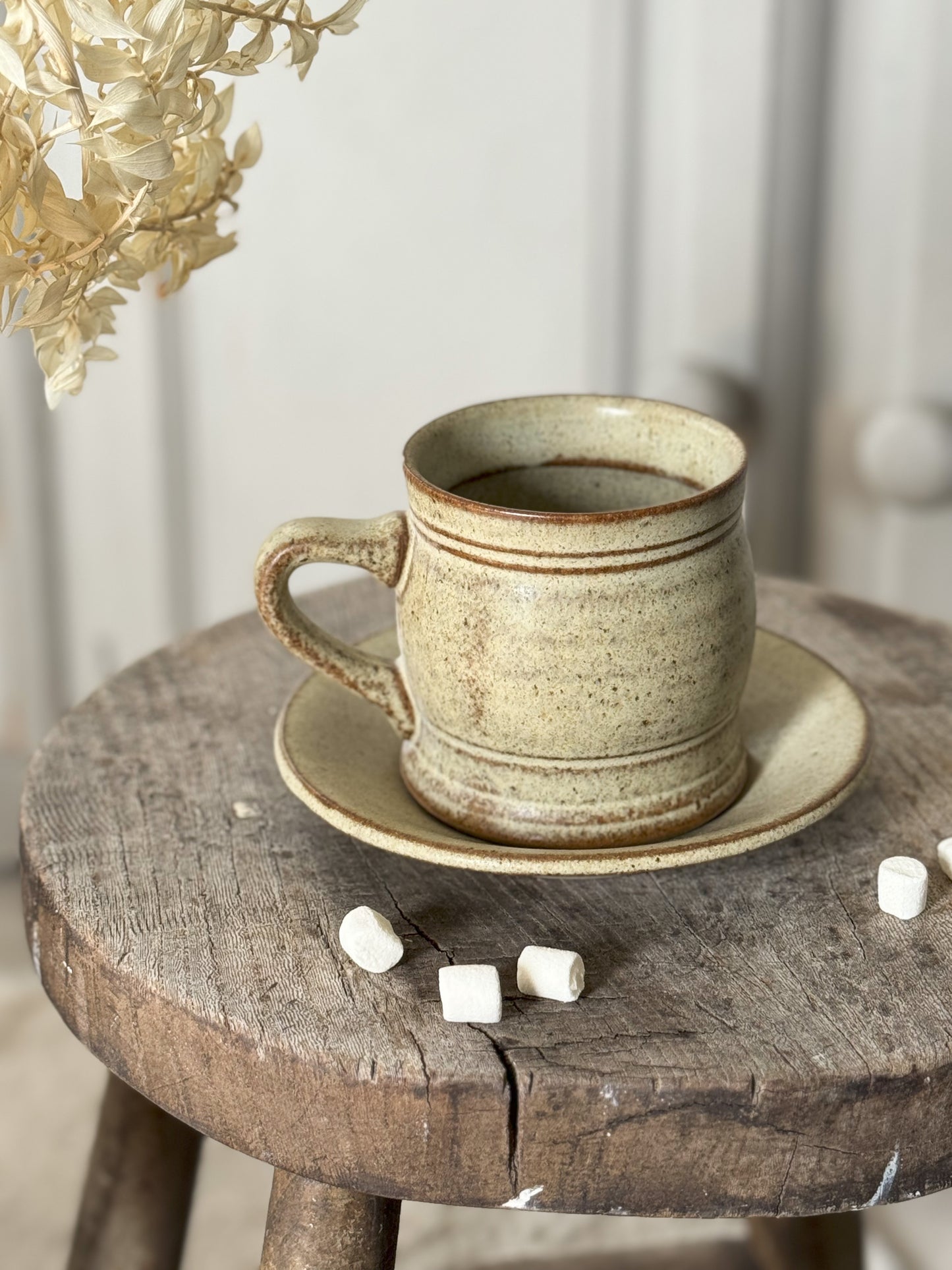 Vintage Studio Pottery Cream Textured Mug & Saucer