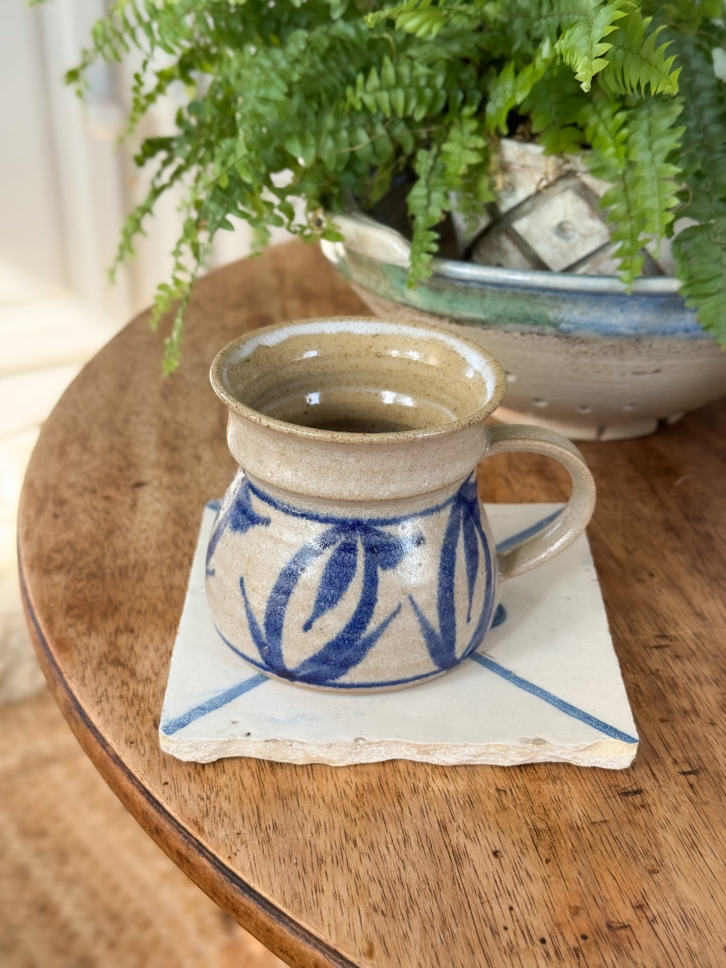 Vintage Oatmeal & Blue Vintage Abstract Studio Pottery Mug