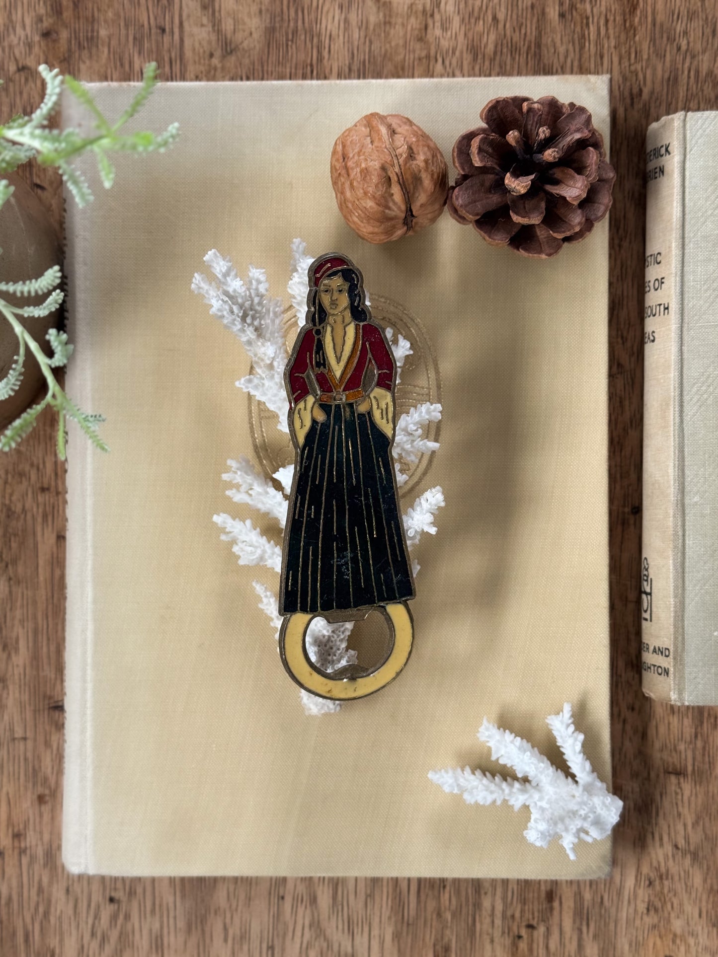 Vintage Norwegian Bronze & Enamel Painted Lady Bottle Opener