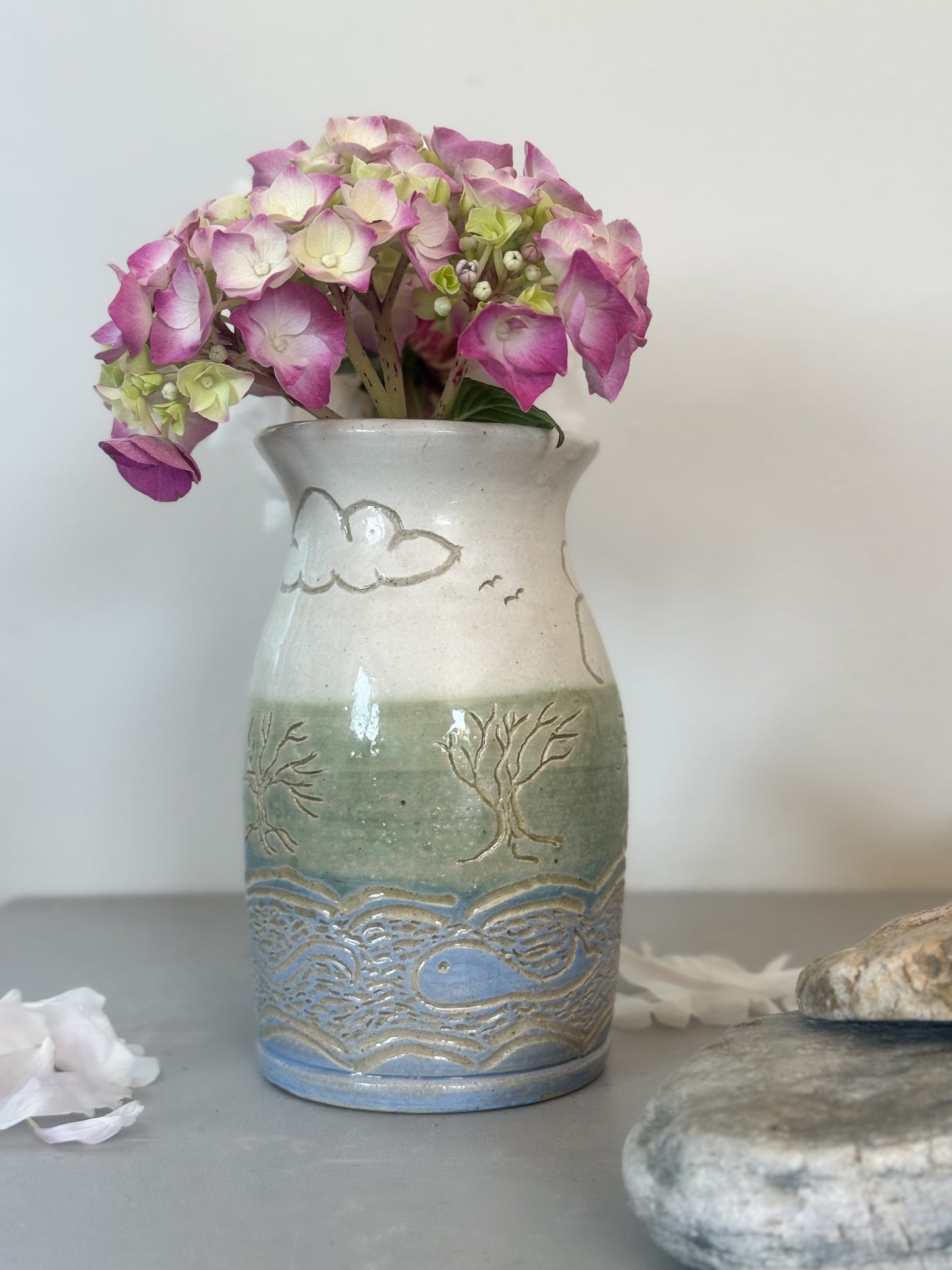 Vintage Studio Pottery Landscape Vase with Impressed Rural Scene