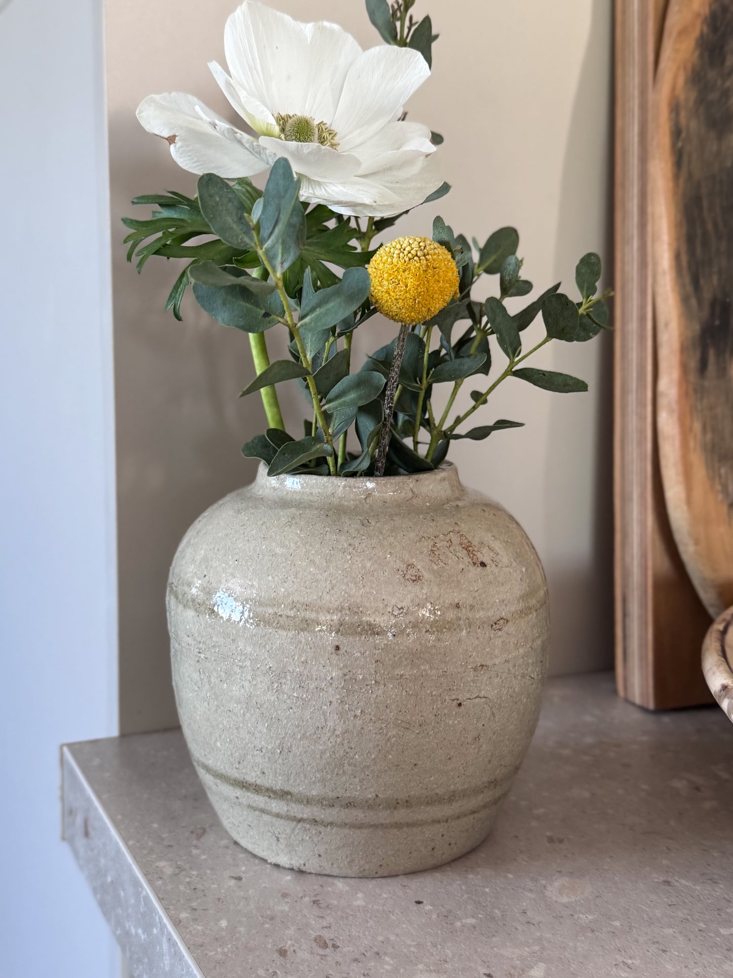 Vintage Chinese Studio Pottery Ginger Jar, Textured Glaze with Subtle Blue Banding