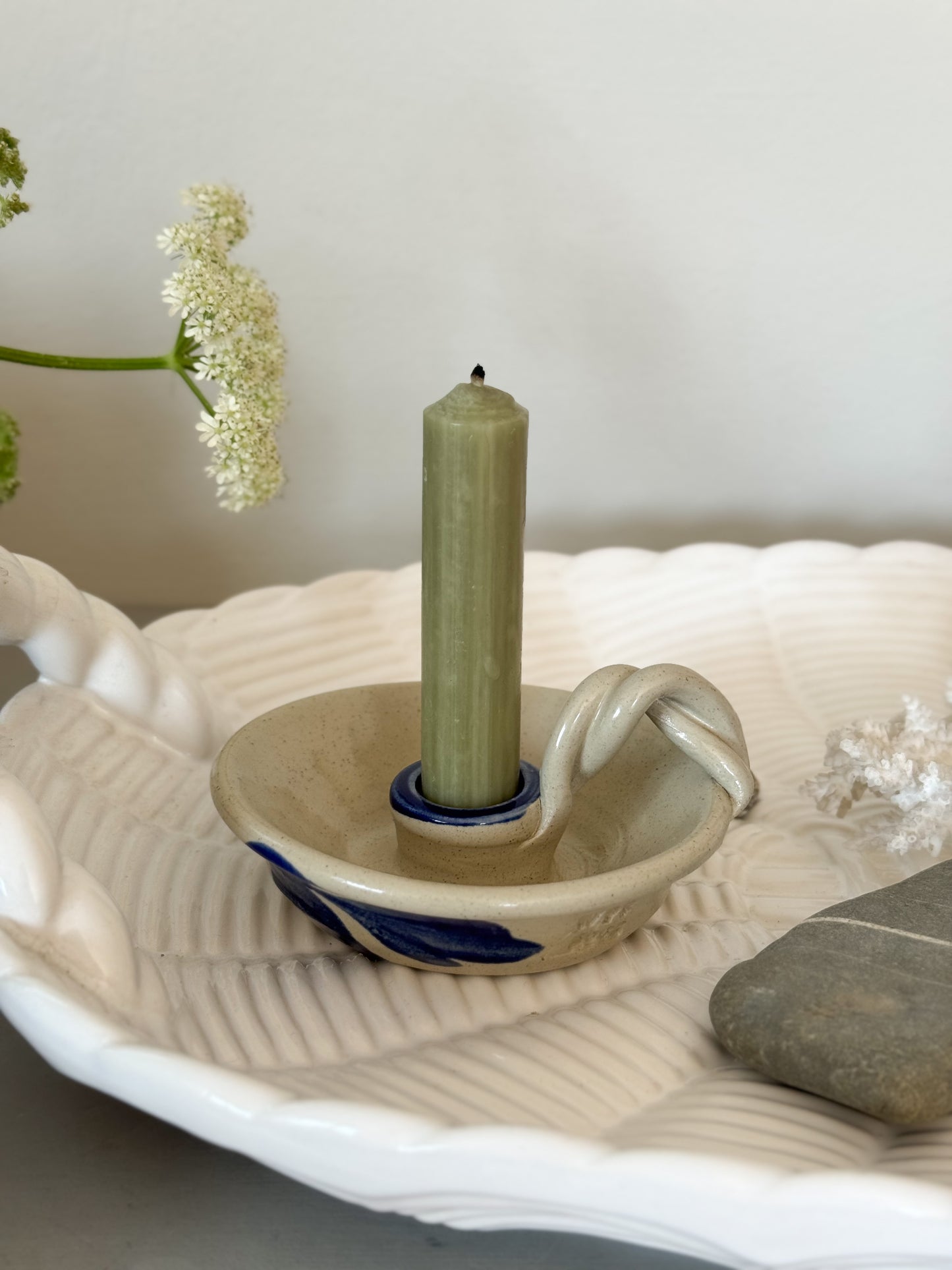 Studio Pottery Chamberstick with Roped Handle and Abstract Blue Leaf Design
