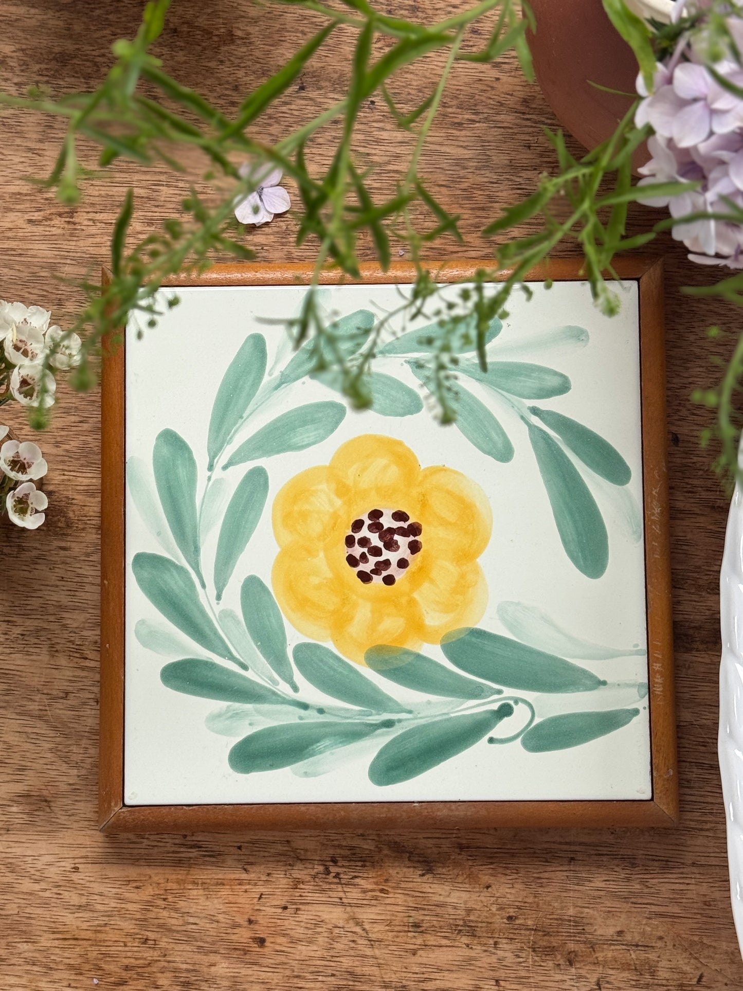 Vintage Hand-Painted Floral Tile Trivet
