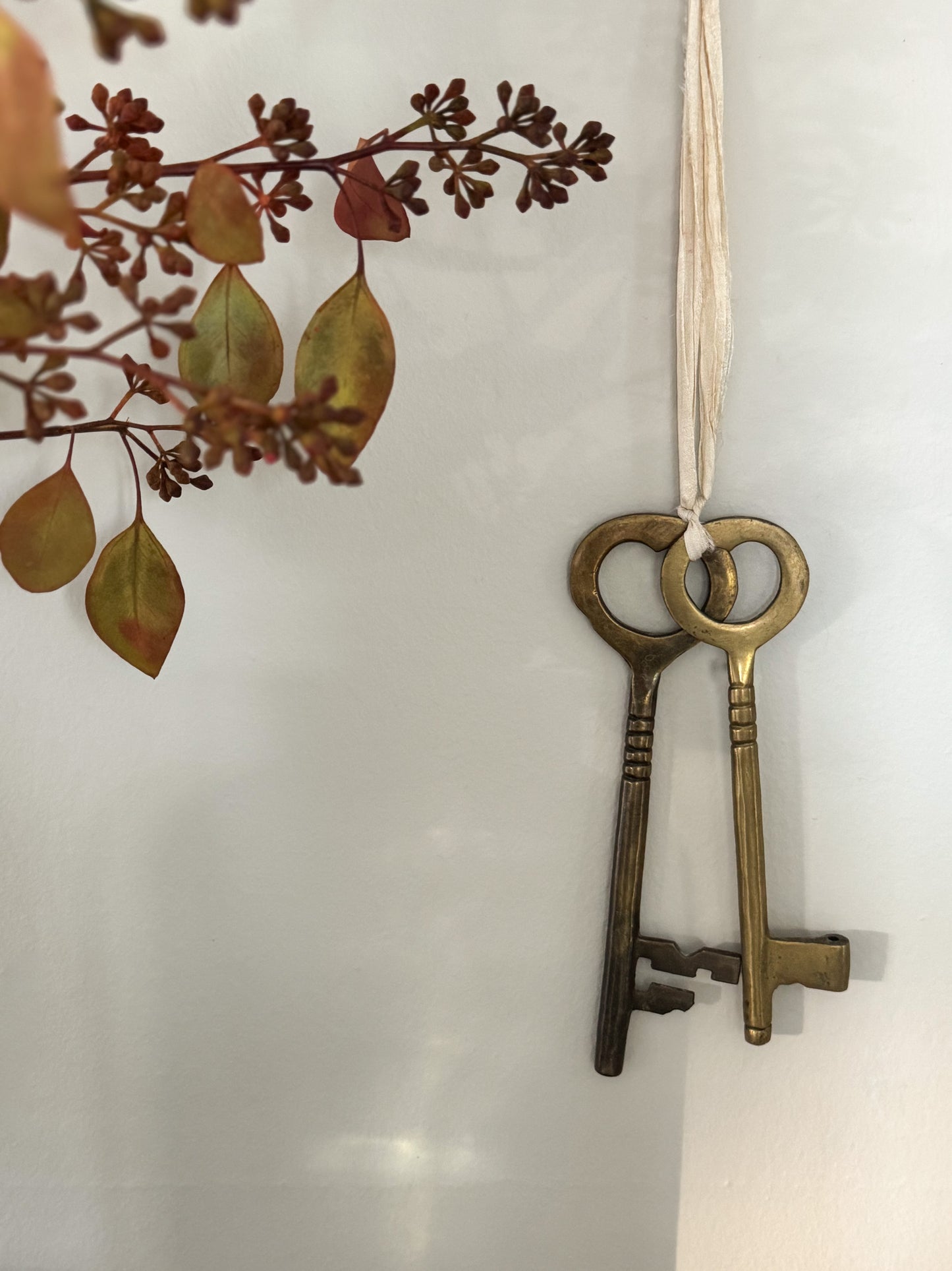 Pair of Large Vintage Solid Brass Keys with Handmade Ribbon