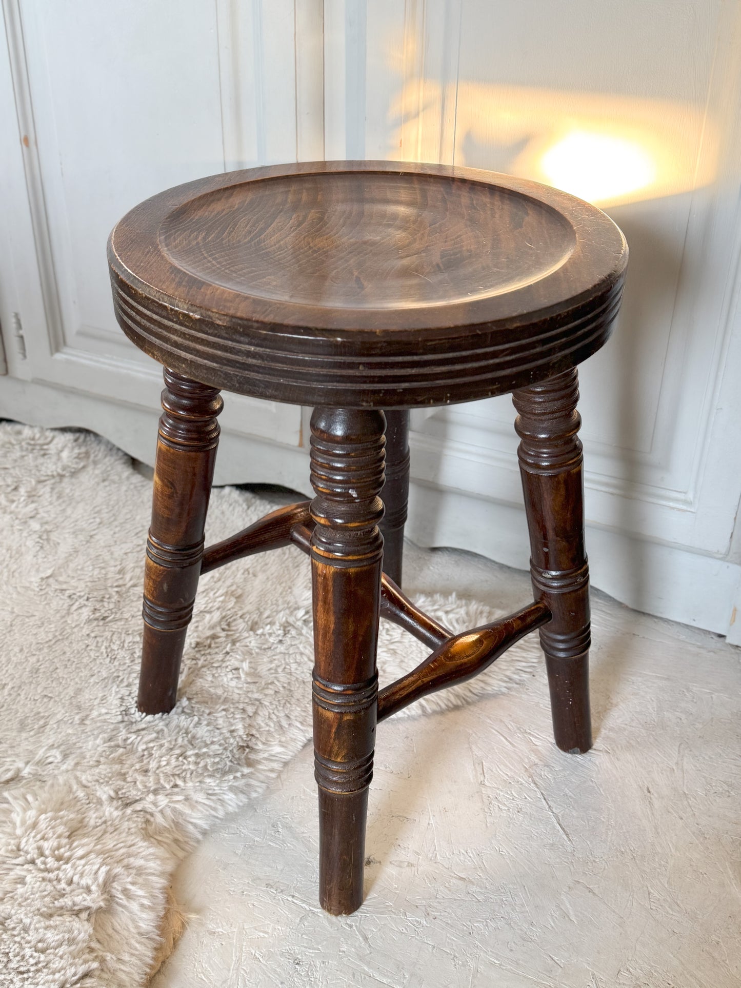 Antique 19th Century Hand-Turned Solid Oak Stool