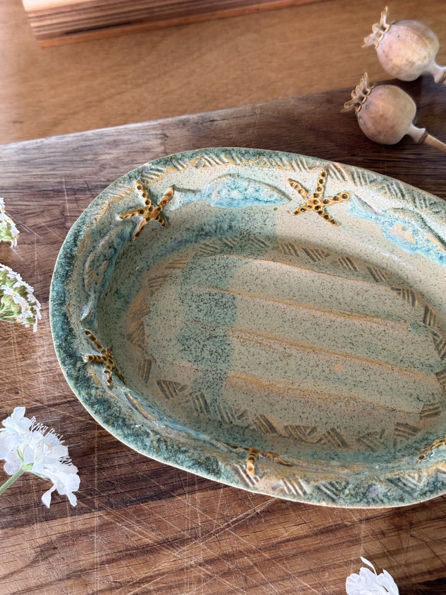 Vintage Studio Pottery Soap Dish – Sea-Inspired with Starfish & Fish Motif