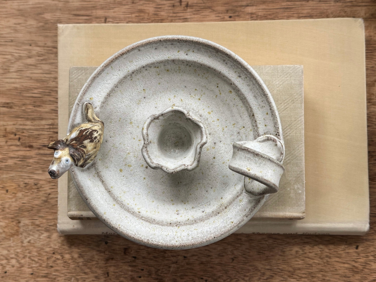 Vintage Studio Pottery Chamberstick with Little Dog