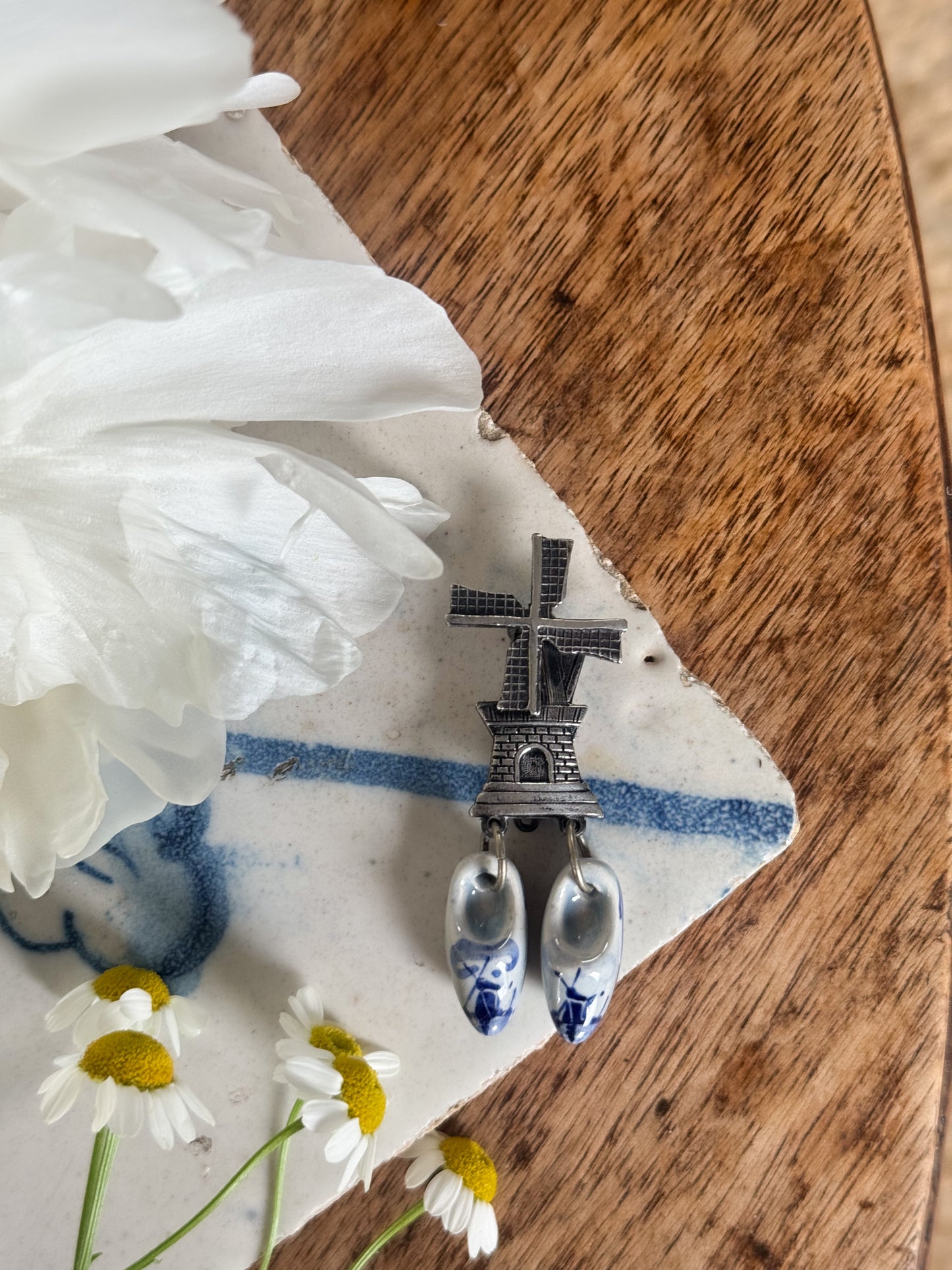 Vintage Silver-Plated Windmill Brooch with Ceramic Delft Clogs