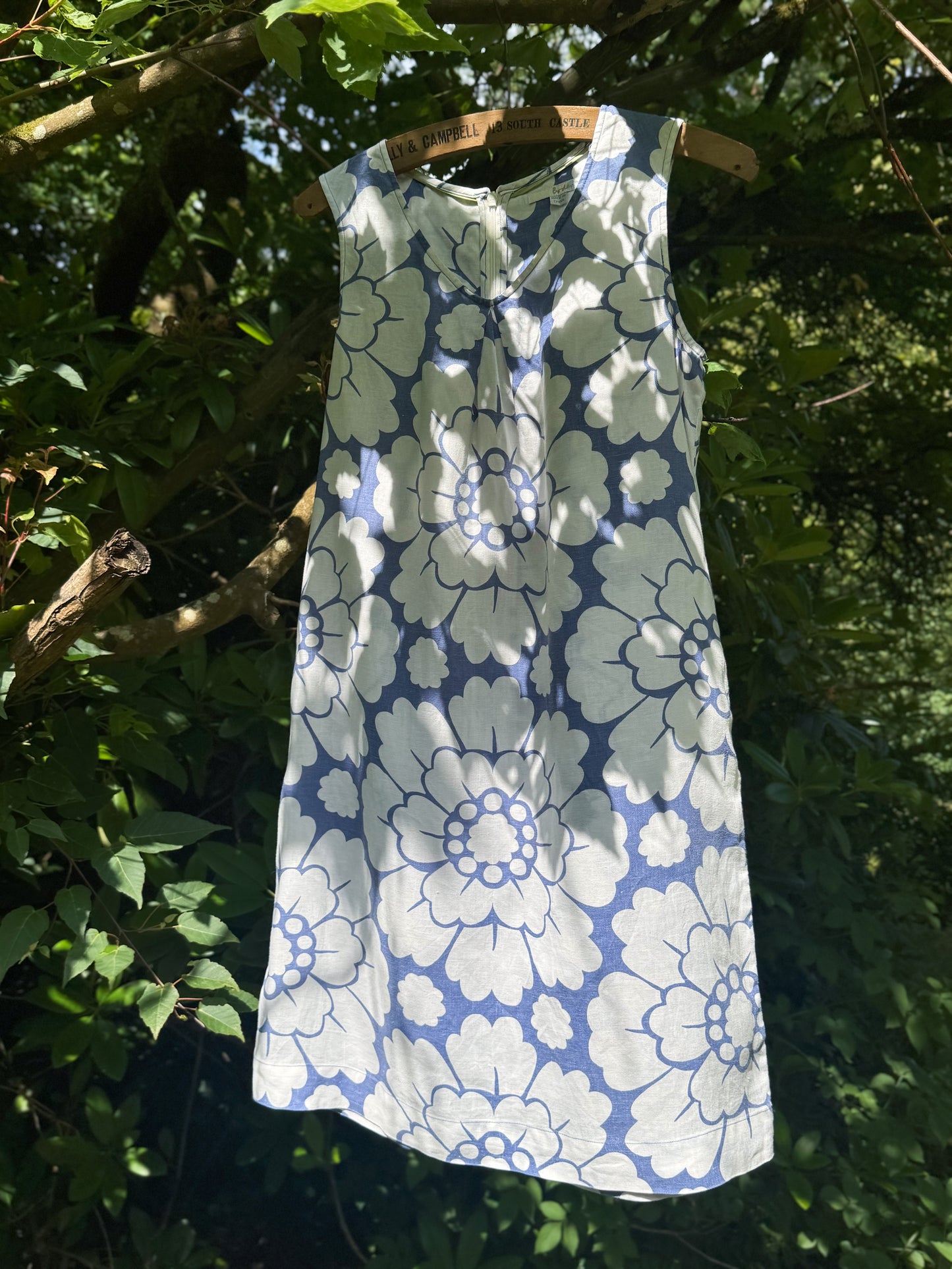 Boden Linen Shift Dress Blue & White Floral | UK 12, Long