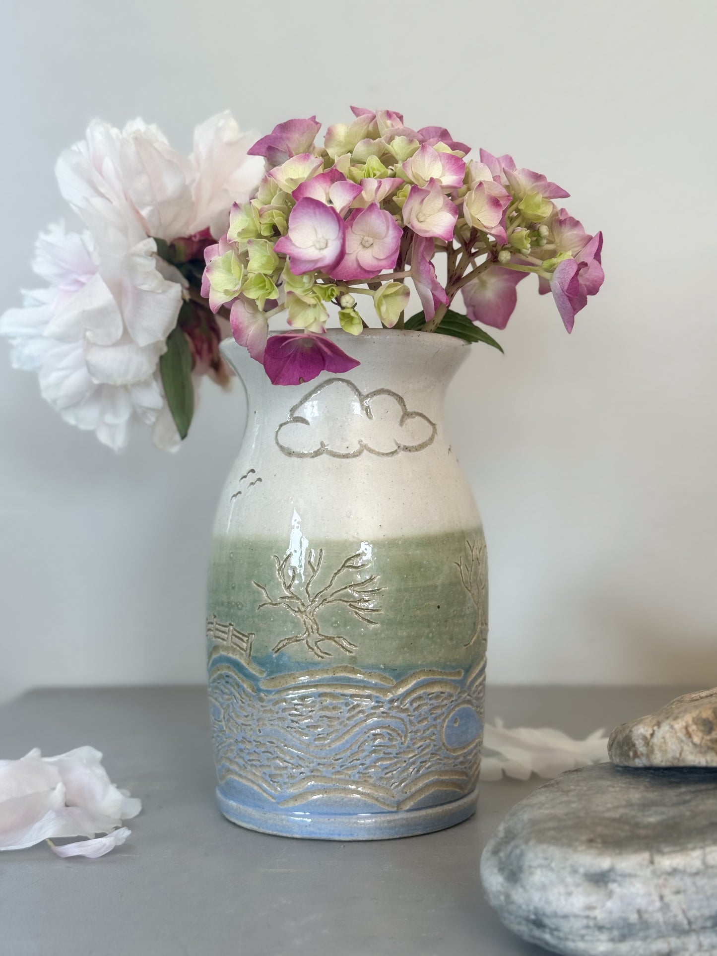 Vintage Studio Pottery Landscape Vase with Impressed Rural Scene
