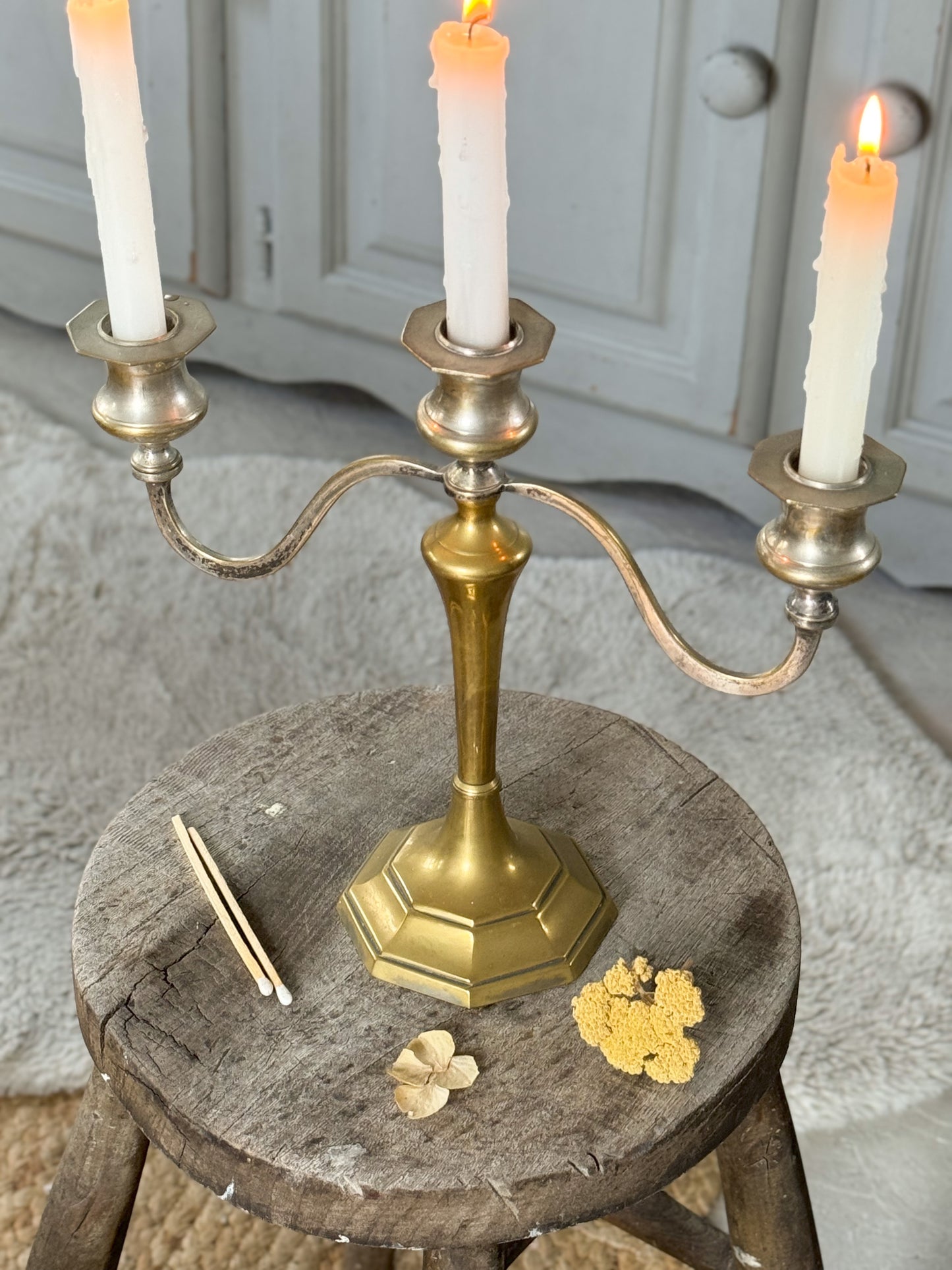 Aged Antique Two Tone Brass Candelabra