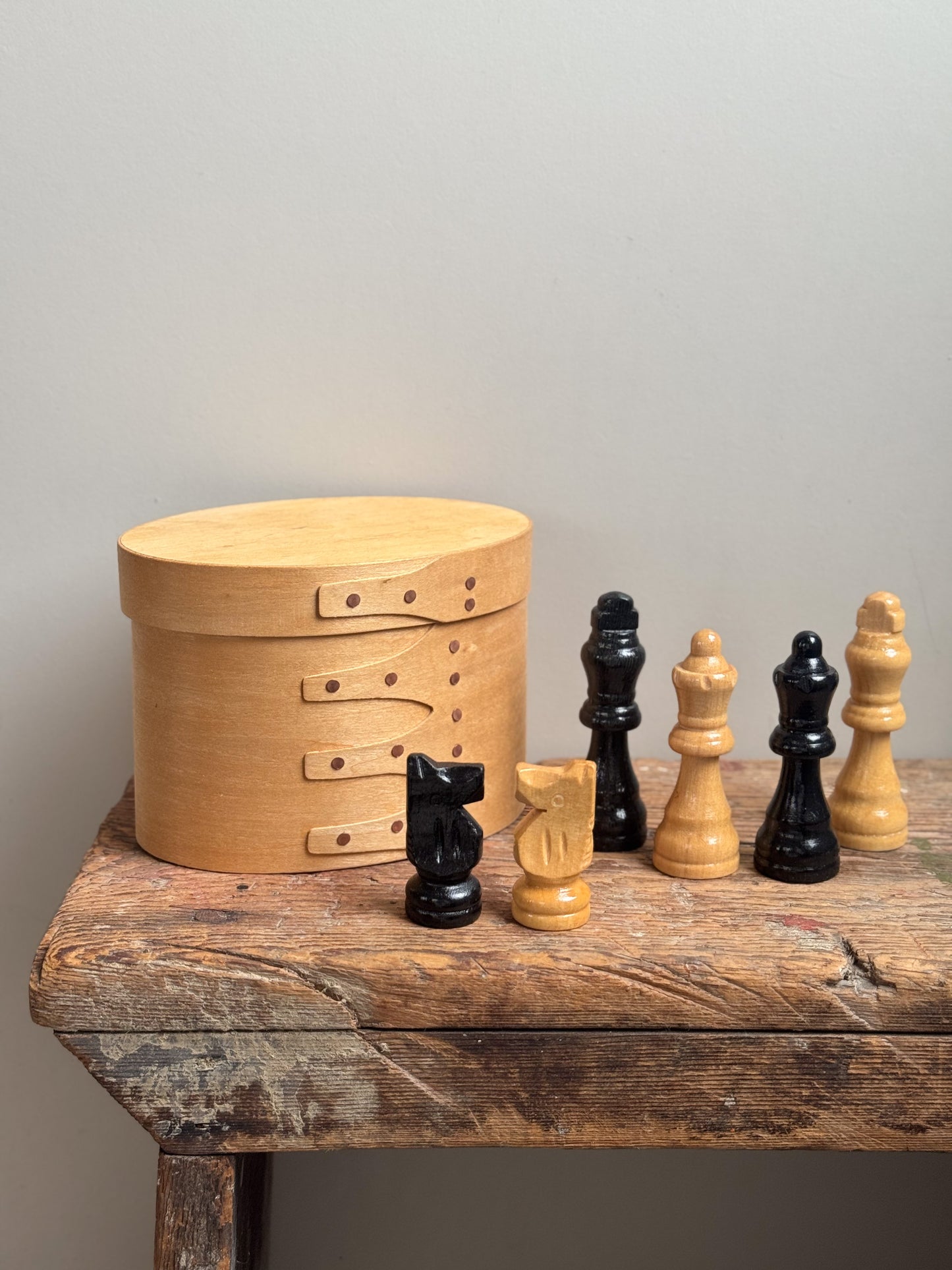 Vintage Hand-Carved Wooden Chess Pieces in Bentwood Box