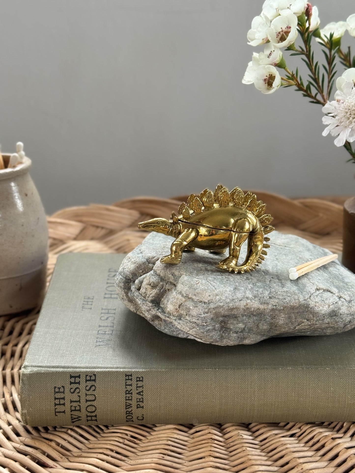 Very Rare Vintage Midcentury Brass Miniature Stegosaurus Dinosaur Trinket Box