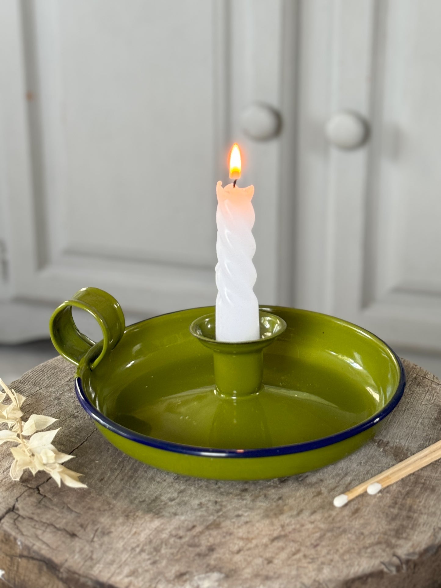 Vintage Olive Green & Navy Enamel Chamberstick