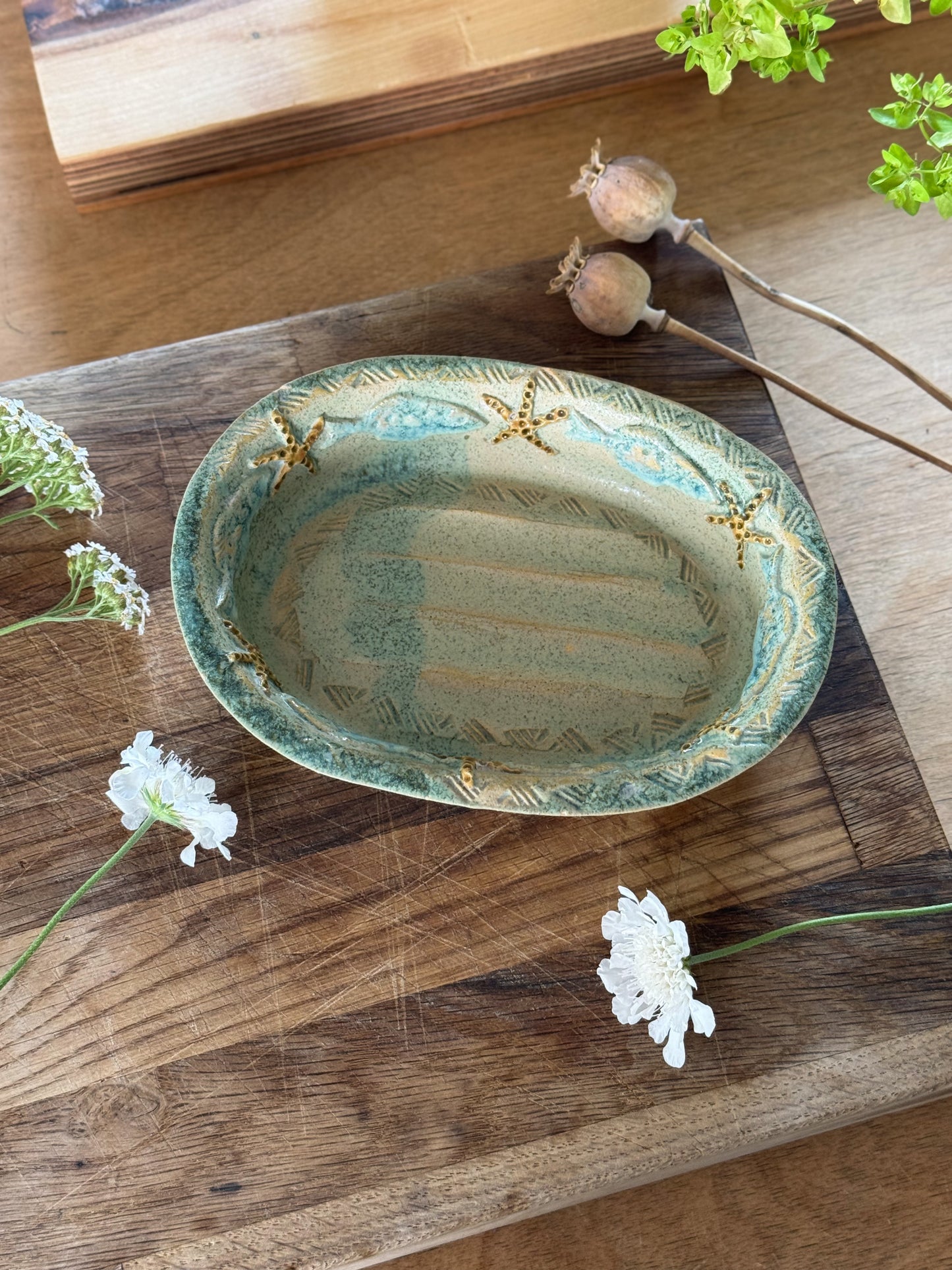 Vintage Studio Pottery Soap Dish – Sea-Inspired with Starfish & Fish Motif