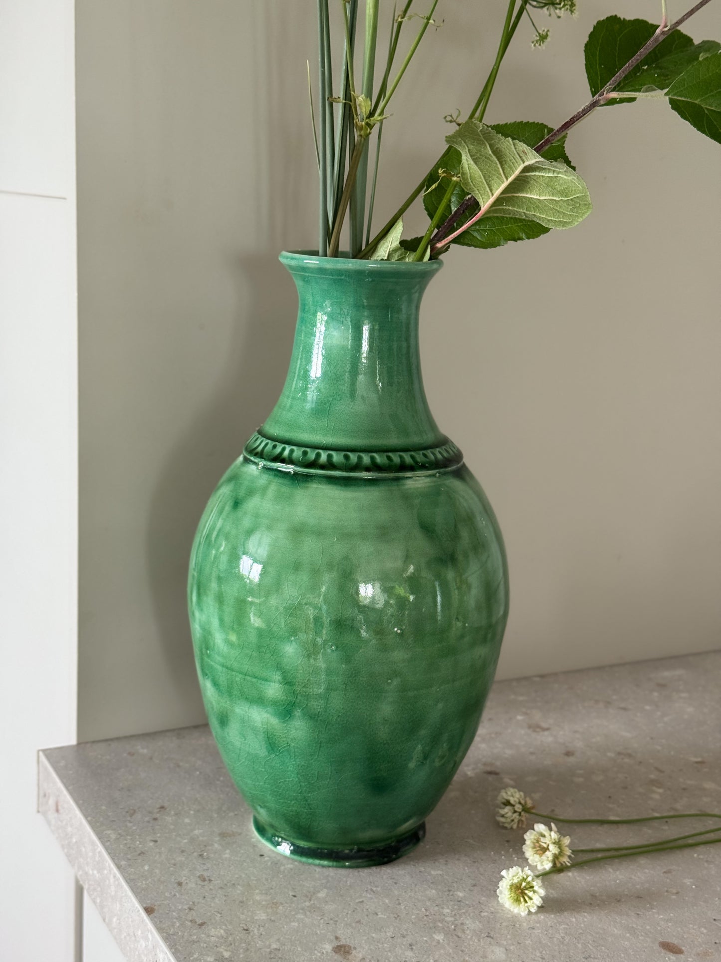 Large Welsh Studio Pottery Green Glazed Vase • Signed Welsh Folk Art