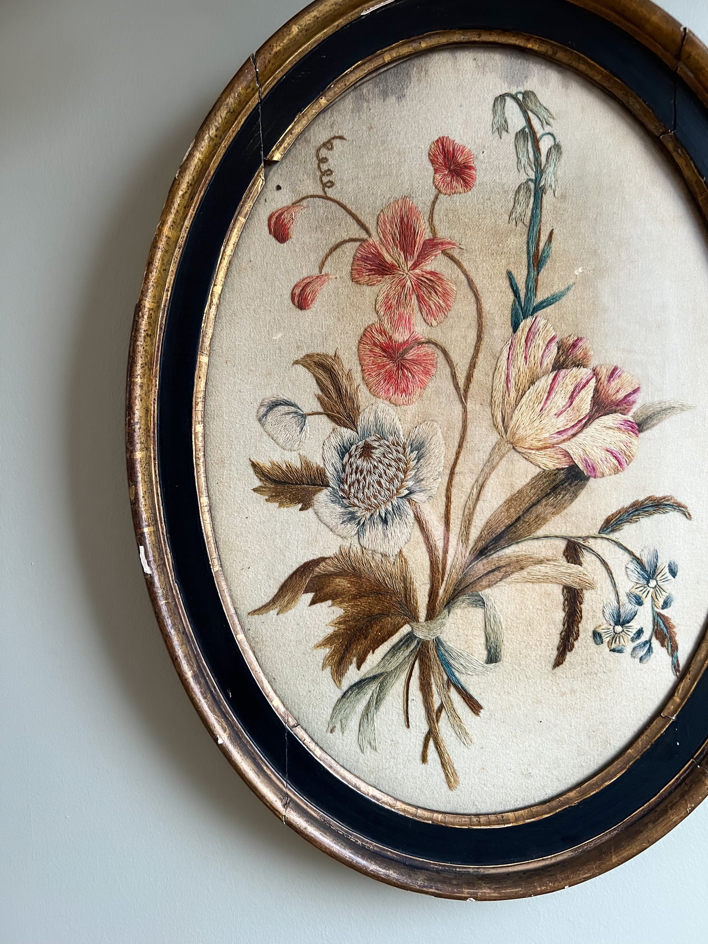 Antique Framed Floral Embroidery