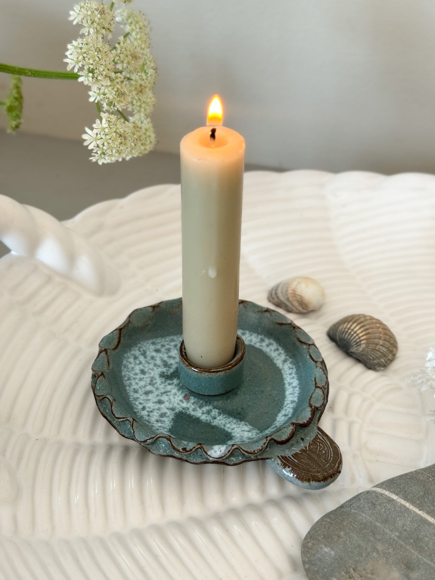 Vintage Orkney Pottery Chamberstick, Scalloped Edge & Sea Blue Glaze