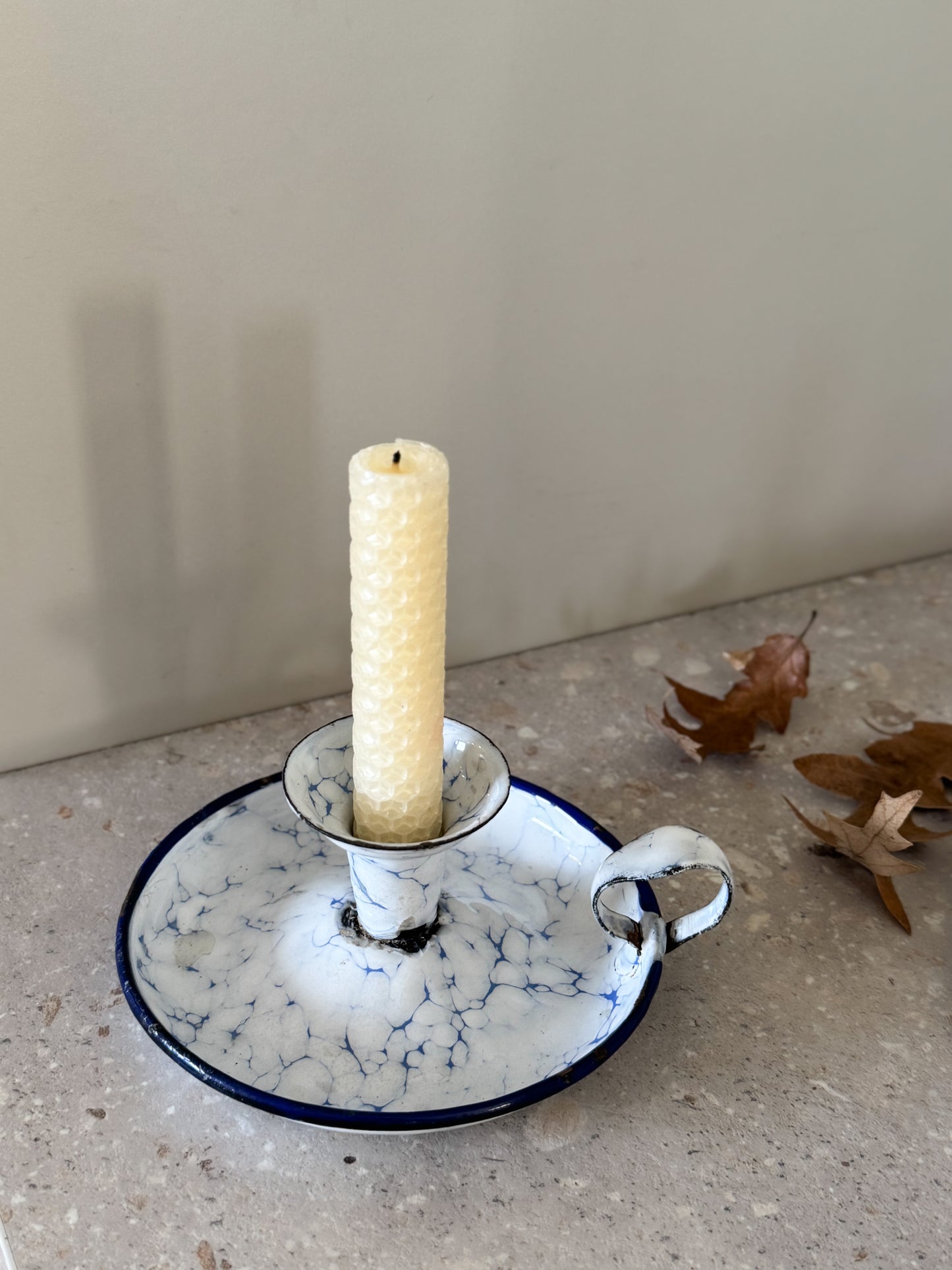Vintage French Enamel Chamberstick - Blue Marbled with Navy Rim
