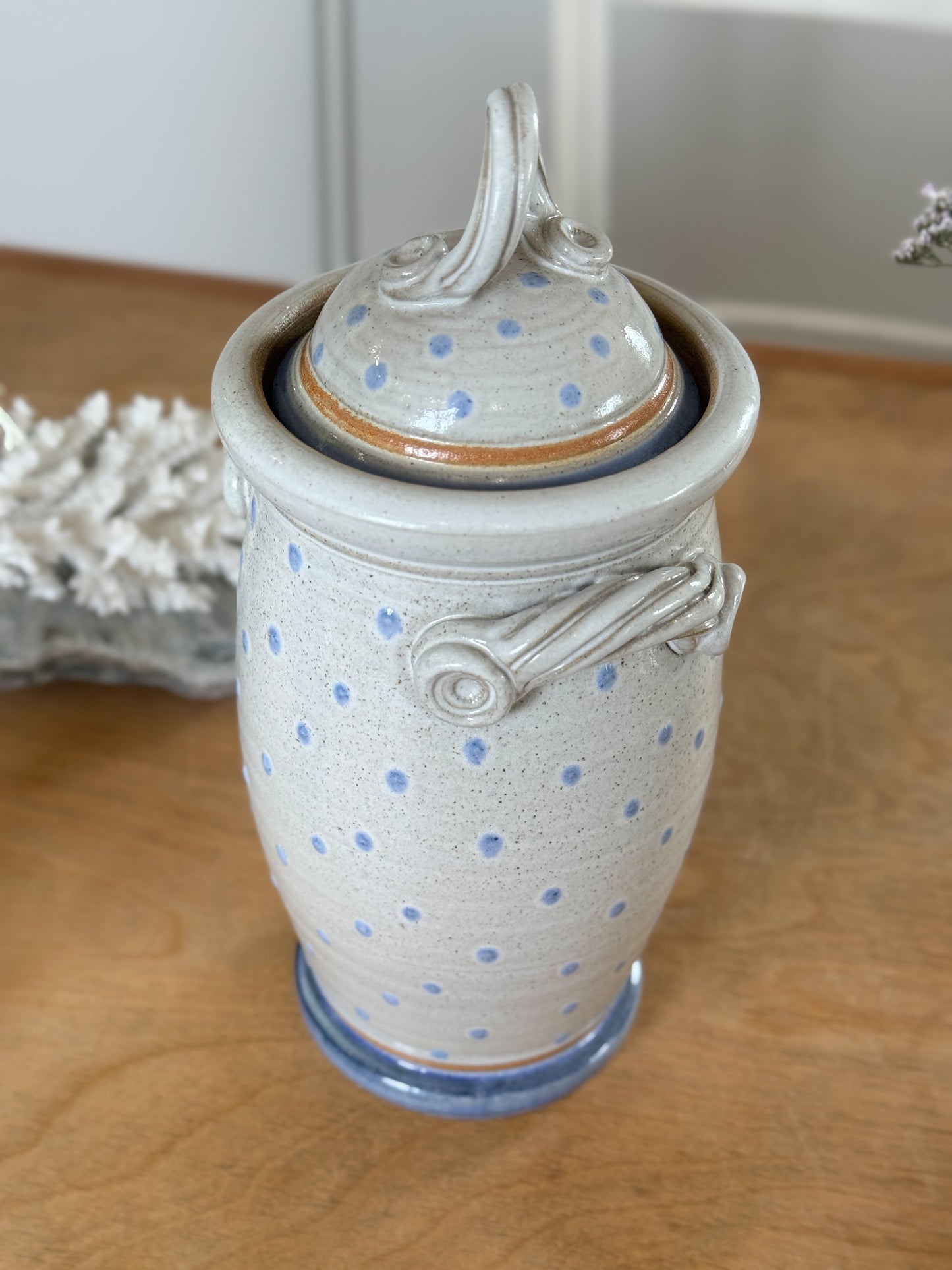 Vintage Tall Lidded Polka Dot Studio Pottery Jar, by Kelbrook Pottery