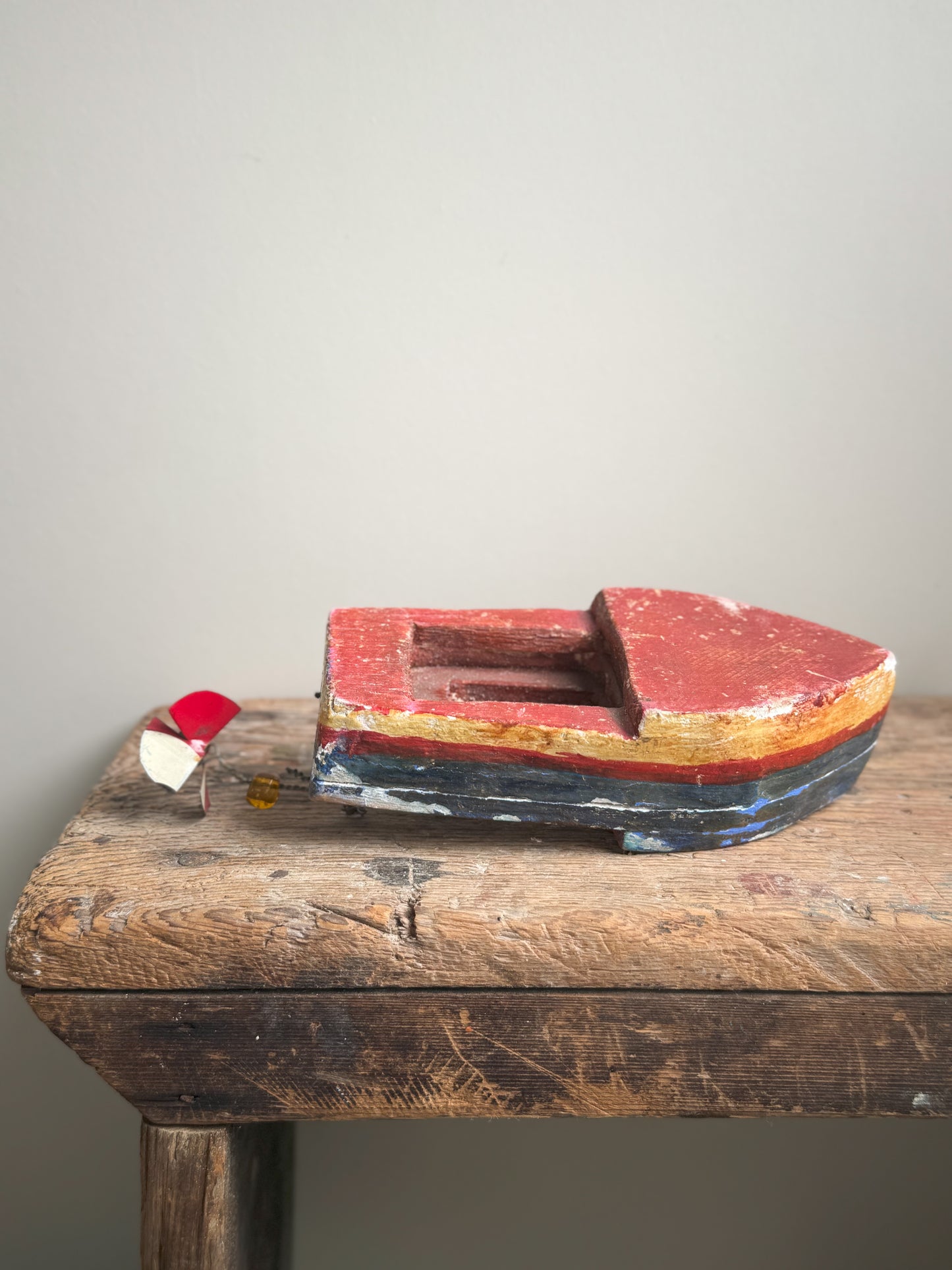Vintage Handmade Wooden Boat With Tin Propeller