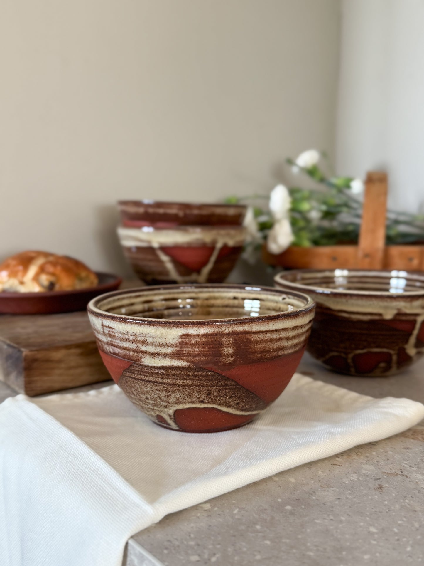 Studio Pottery Drip Glaze Swirl Bowls – Signed RW (Set of 4)