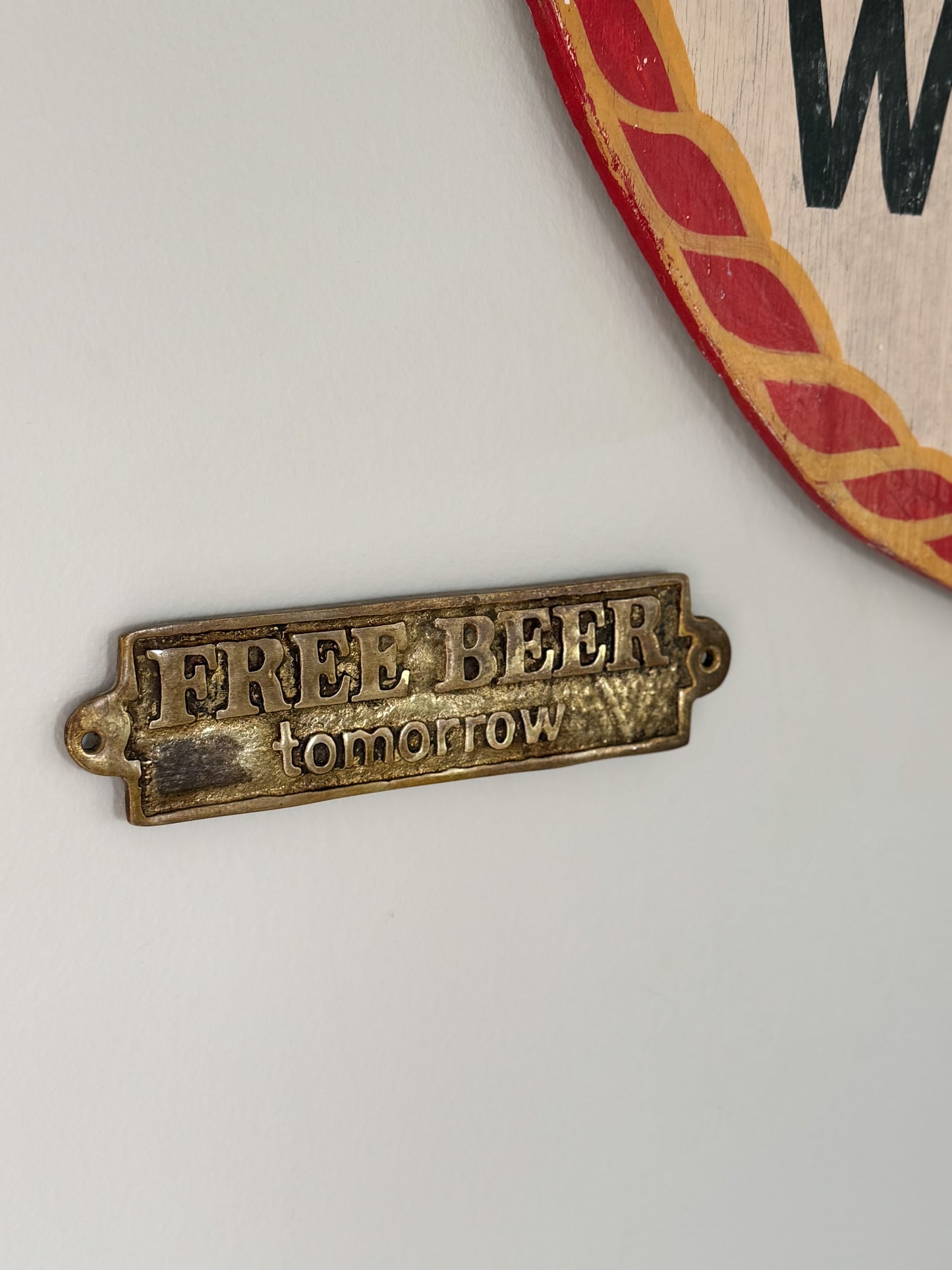 Vintage Solid Brass “Free Beer Tomorrow” Pub Sign