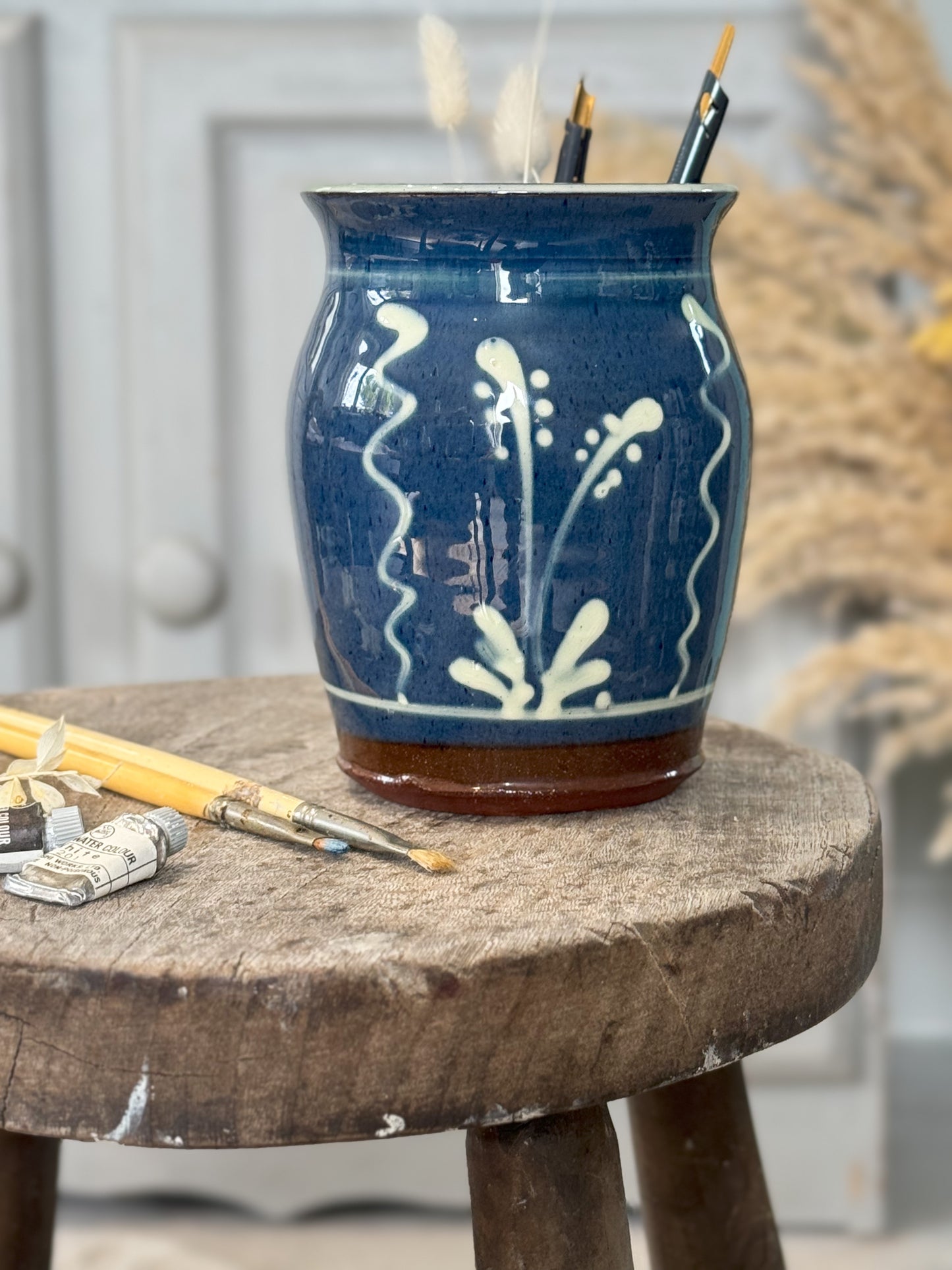 Studio Pottery Abstract Blue Slipware Pot