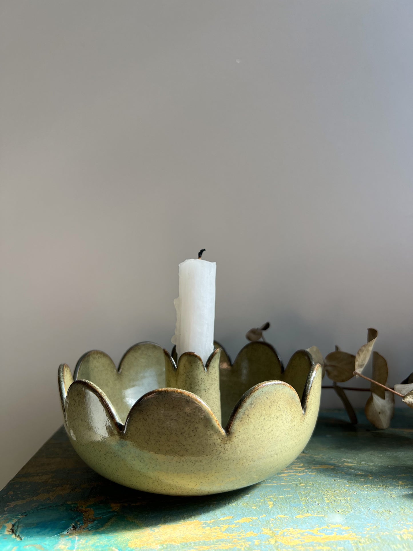 Jersey Pottery Green Scalloped Ceramic Candle-Holder