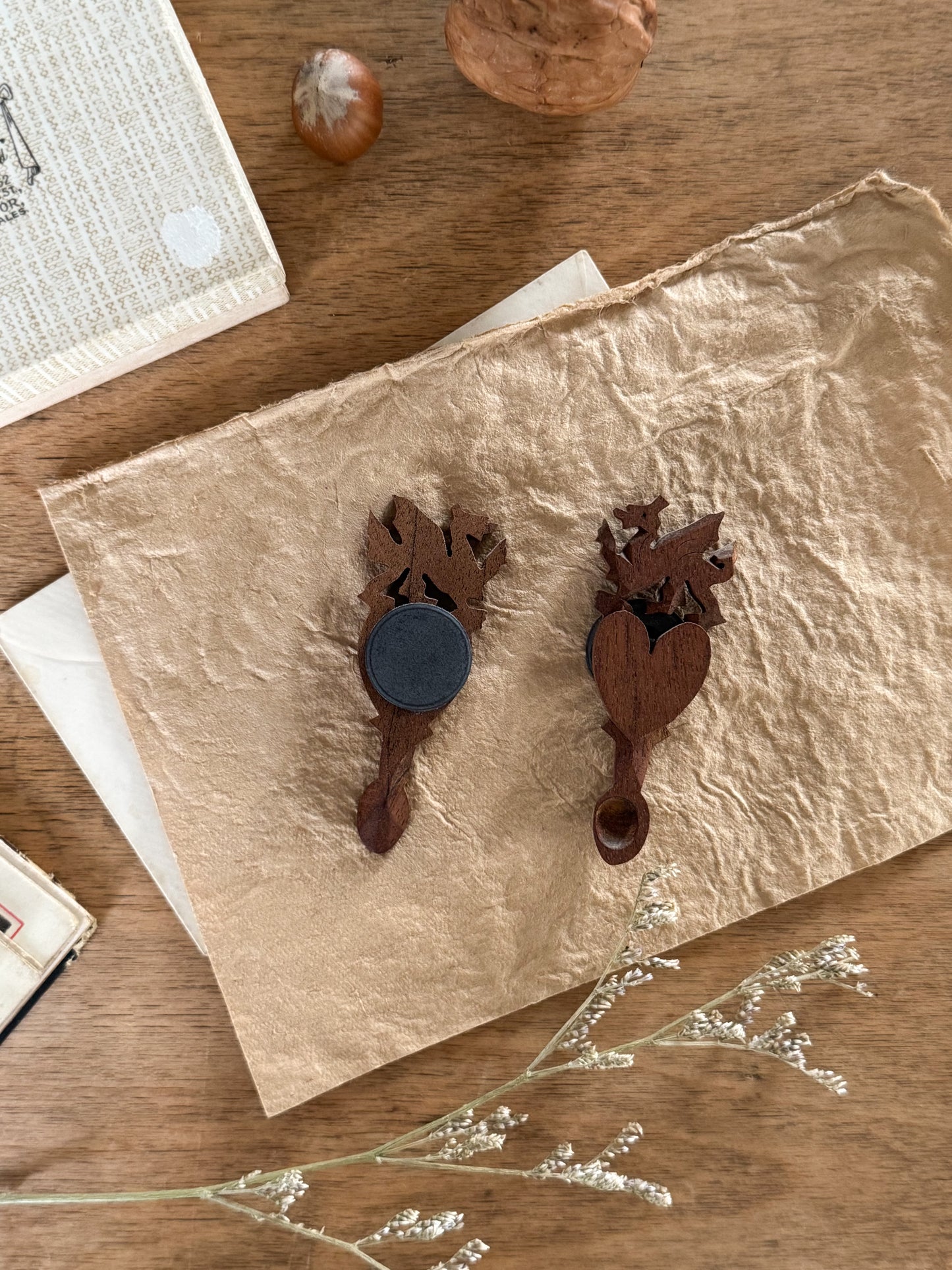 Pair of Hand-Carved Welsh Love Spoon Fridge Magnets