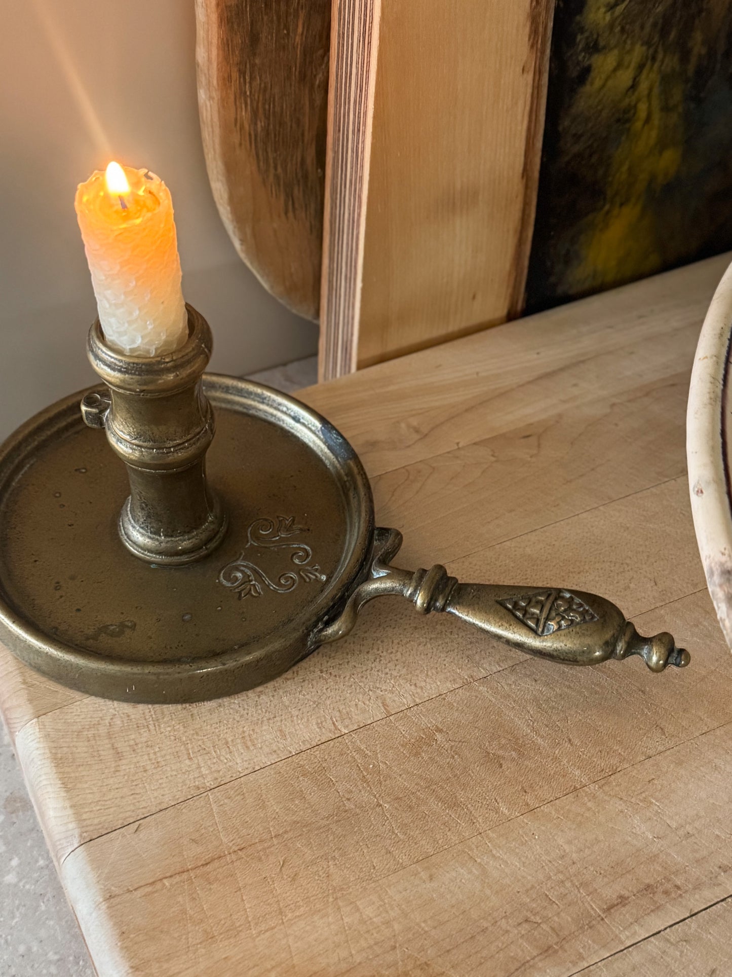 Antique Solid Brass Long Handled Chamberstick