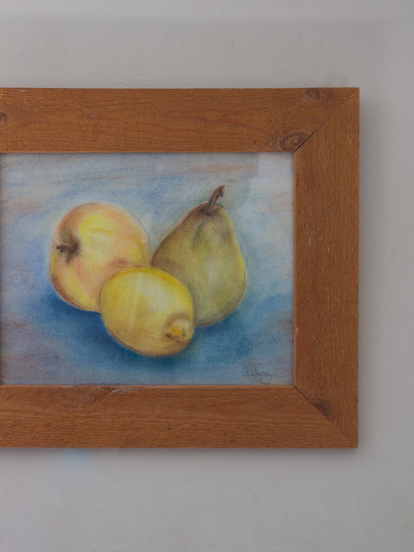 Vintage Original Still Life Pastel Drawing ‘Three Fruits’ by C. Walley | Handmade Pine Frame