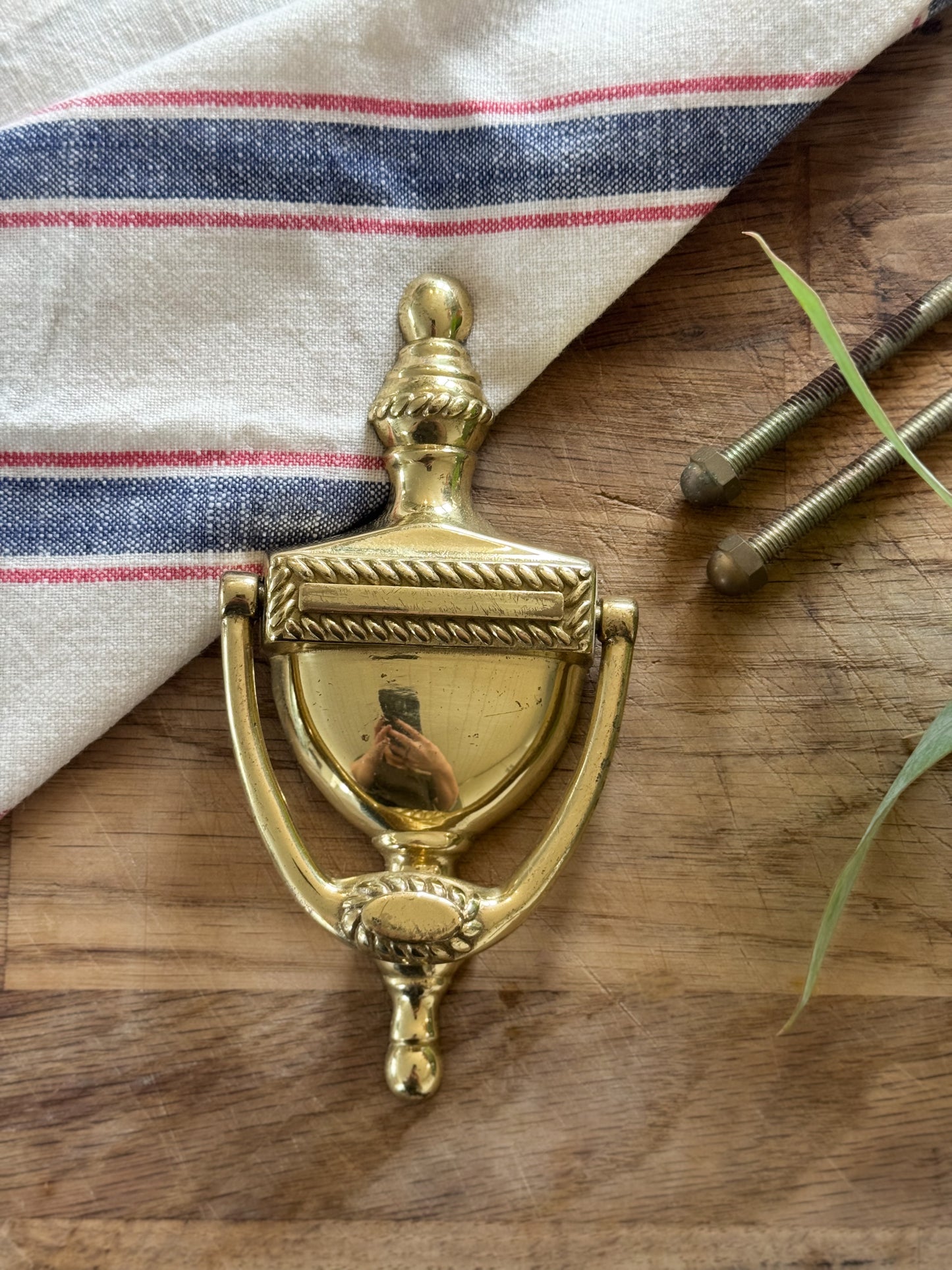 Vintage Solid Brass Door Knocker with Original Bolts