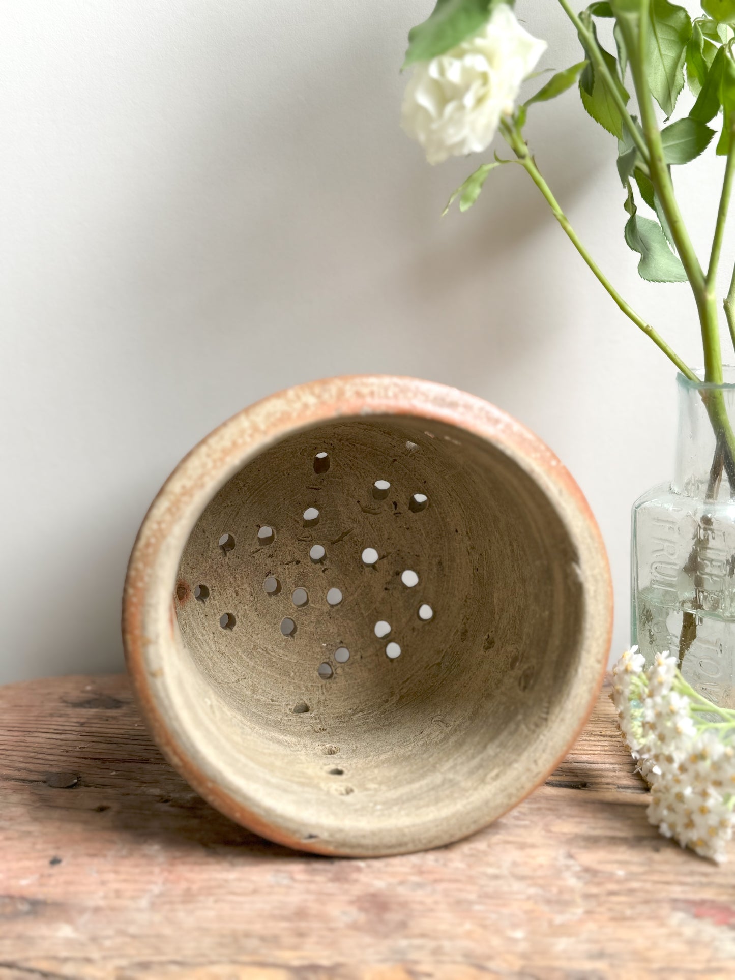 Antique French Glazed Earthenware Pedestal Cheese Strainer • Colander