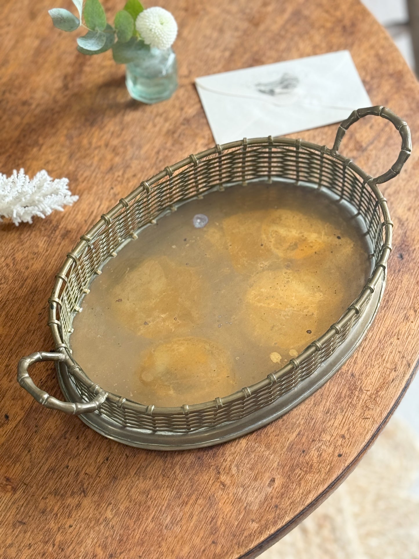 Handmade Brass Basket Tray With Bamboo Handles
