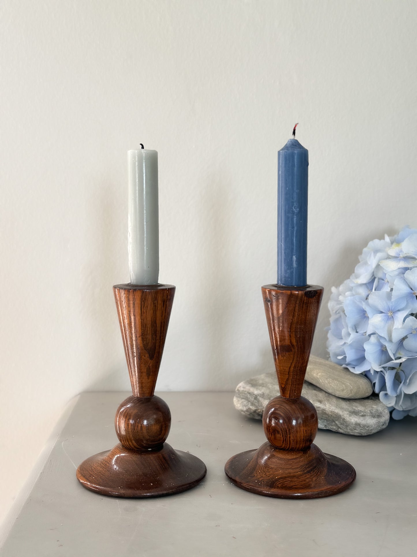 Pair of Vintage Hand-Turned Wooden Candlestick Holders