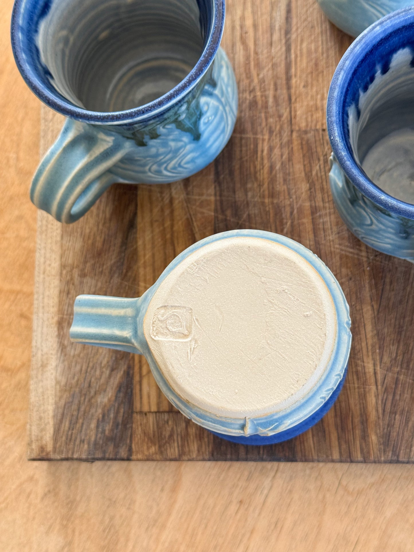 Incredible Vintage Abstract Studio Pottery Mugs, Ocean Blues • Set of 4