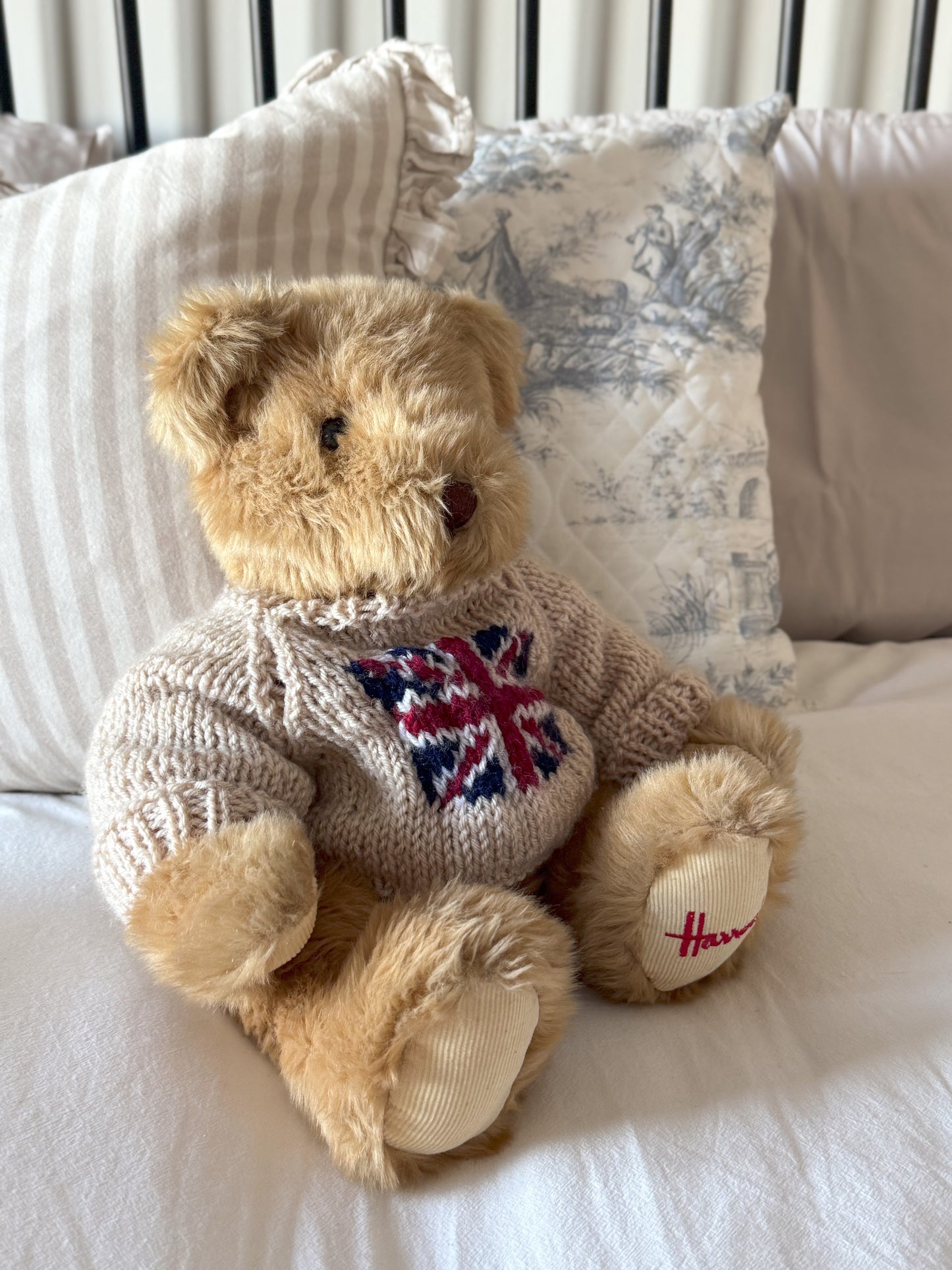 Vintage Harrods Knightsbridge Teddy Bear with Wool Union Jack Jumper