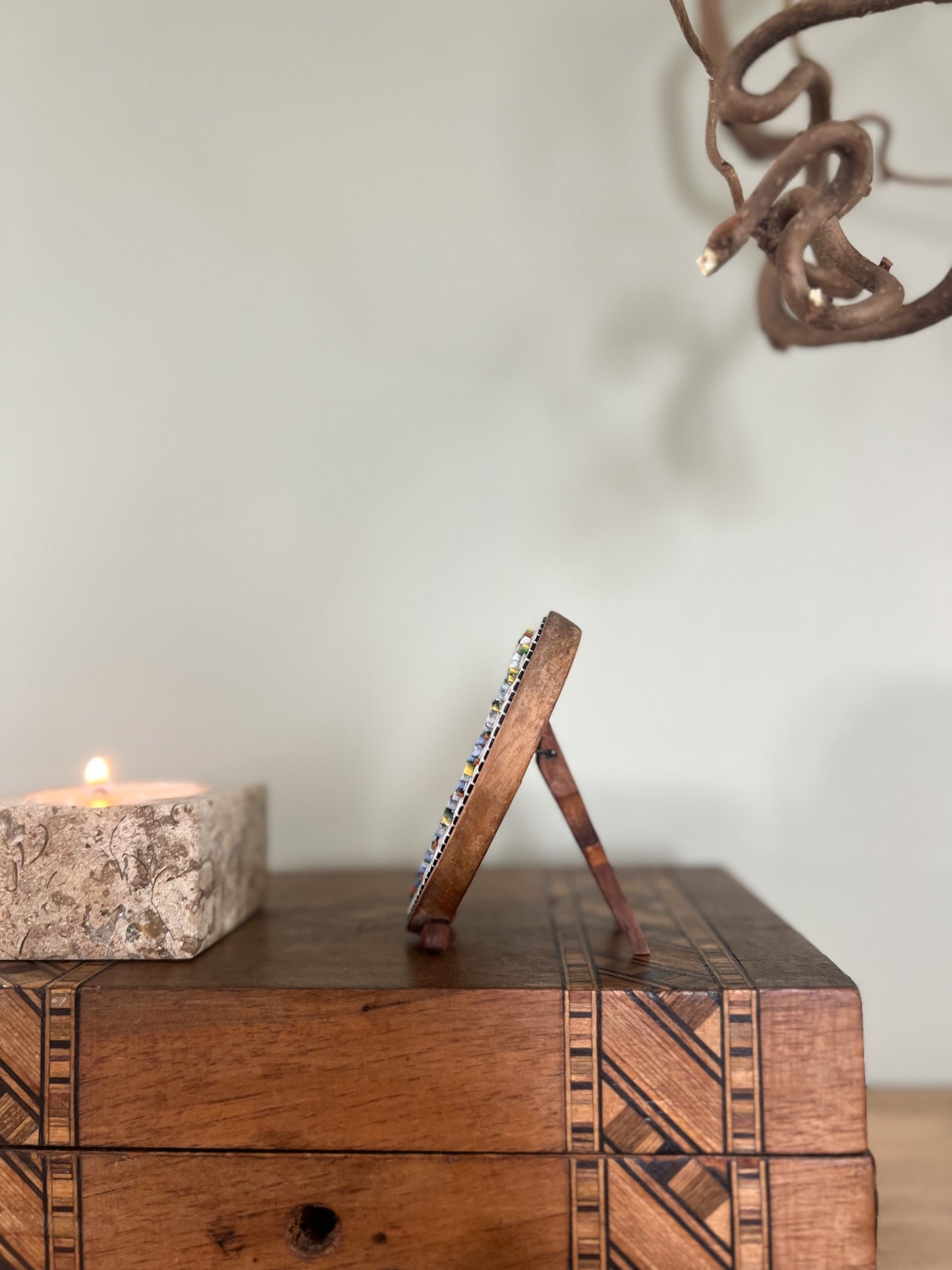 Antique 1920s/30s Micro-Mosaic Heart Shaped ‘Forget Me Not’ Photo Frame