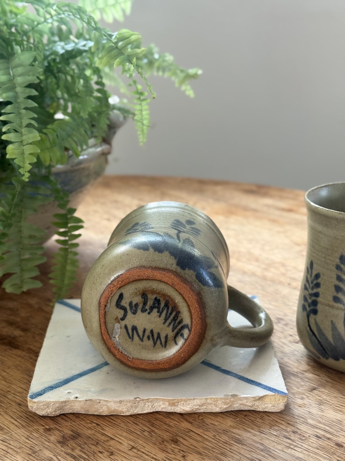 Pair of Hand-Thrown Studio Pottery Mugs, Wheat Motif in Blue on Oat Glaze