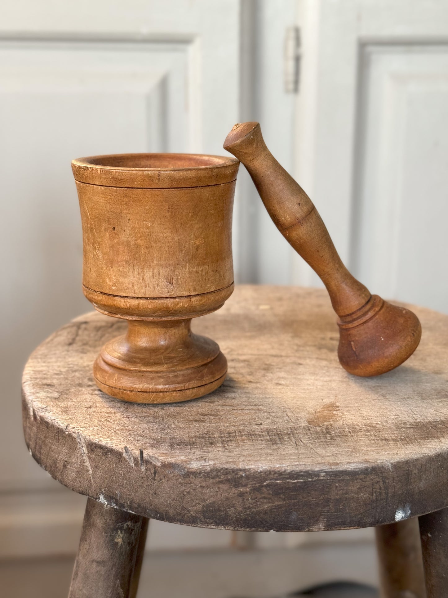 Vintage Aged Pine Pedestal Pestle & Mortar