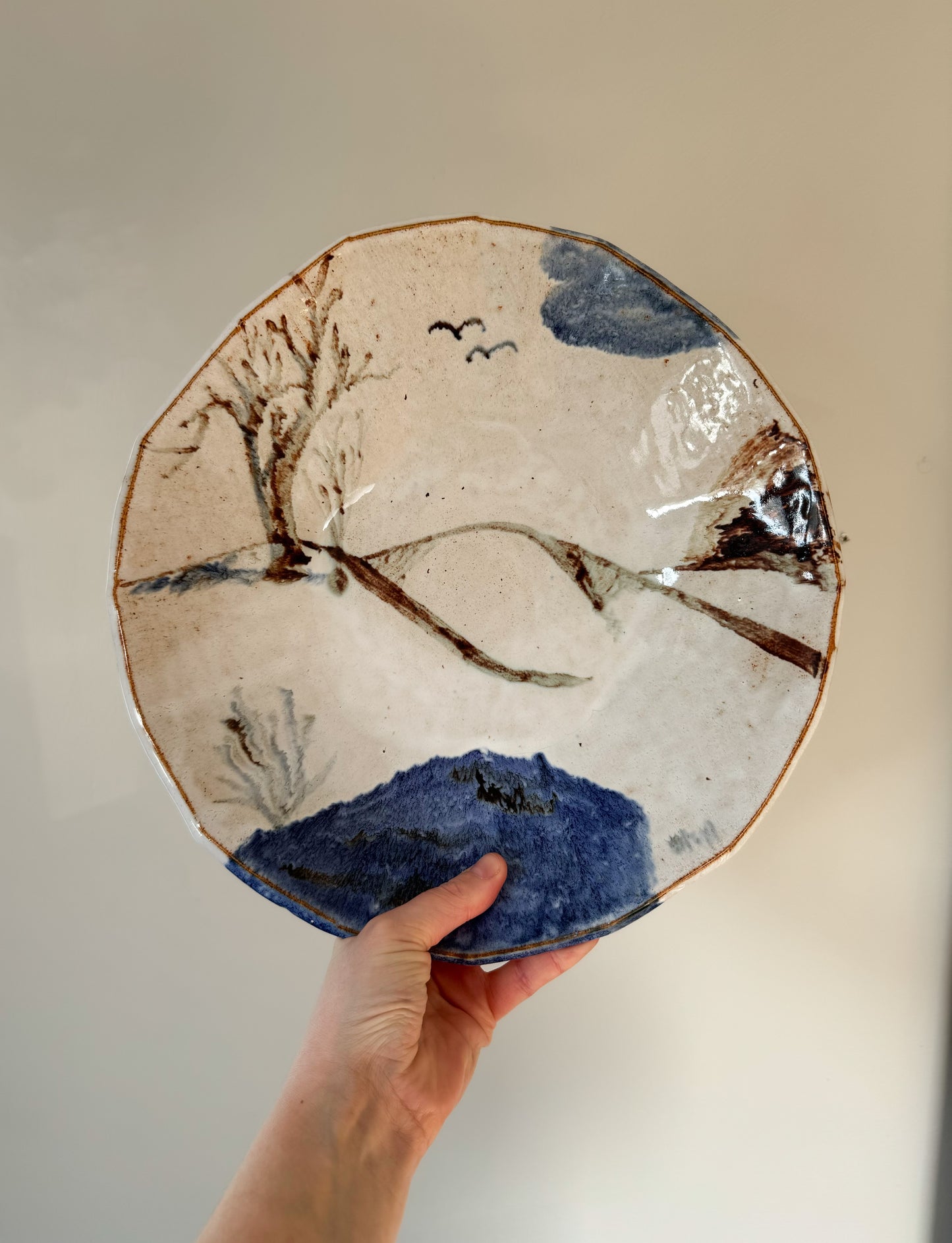 Large Unique Vintage Studio Pottery Bowl • Abstract Landscape Design