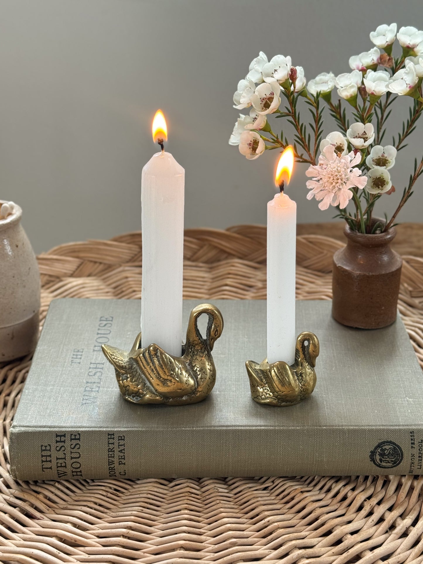 Pair of Vintage Solid Brass Swan Candle Holders / Match Pot