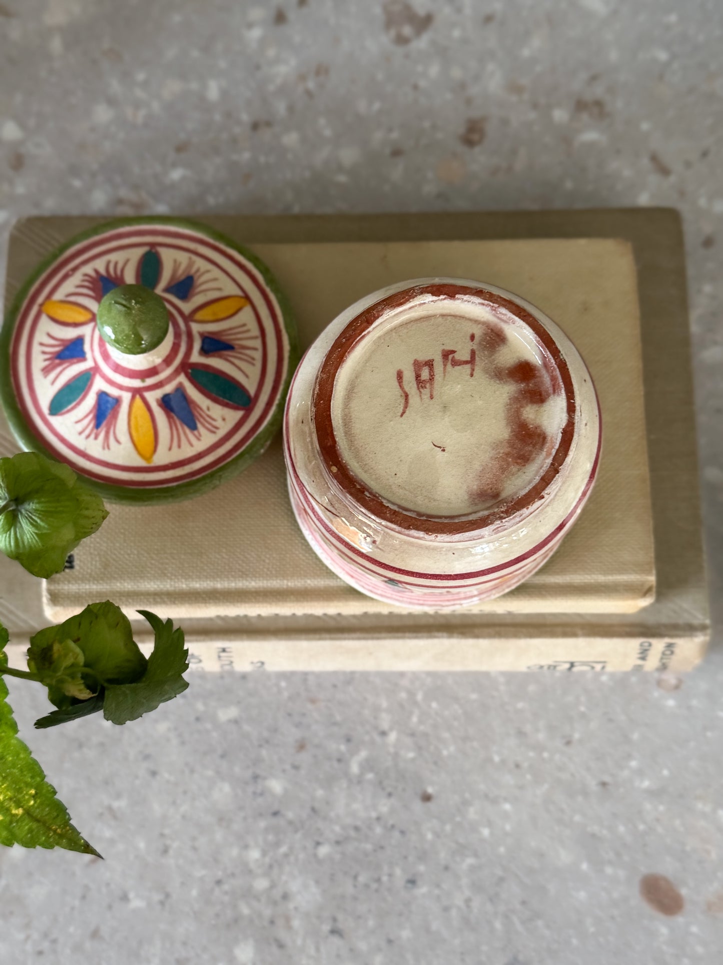 Vintage Mediterranean Hand-Painted Studio Pottery Lidded Trinket Pot