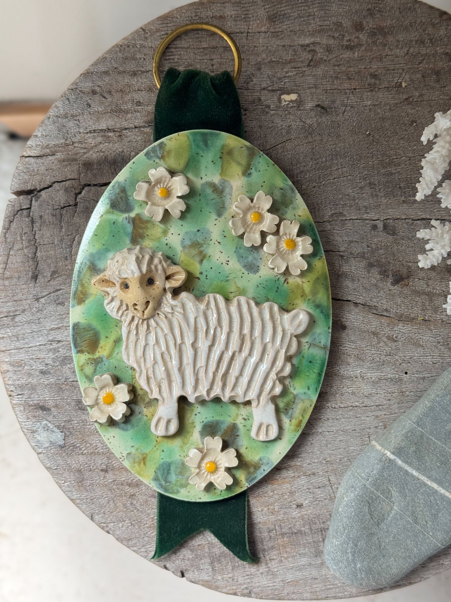 Vintage Folk Art Studio Pottery Sheep Wall Hanging with Velvet Ribbon & Brass Loop