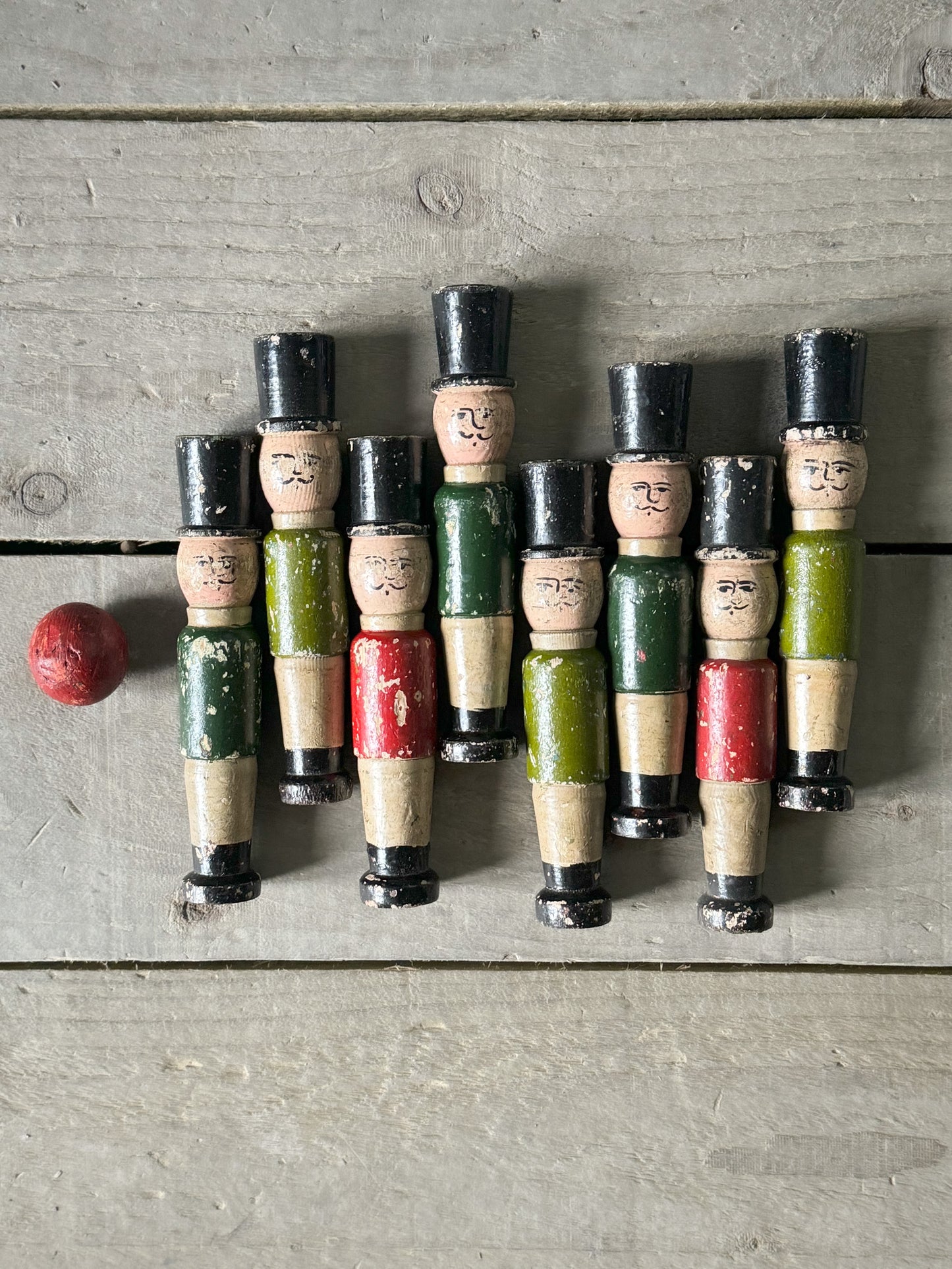Vintage 1940s Handmade Guardsman Wooden Skittles | Set of 8 with Ball