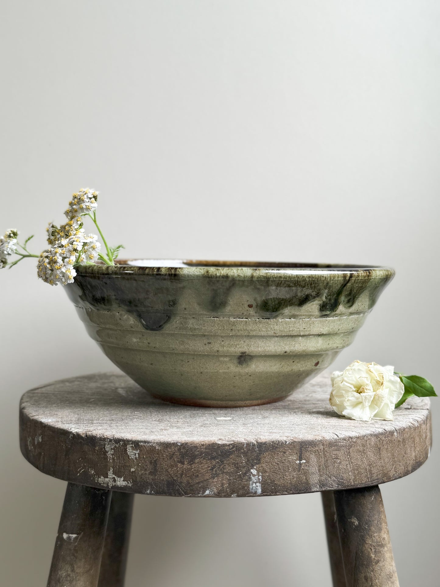 Studio Pottery Olive Green Drip Glaze Fruit Bowl
