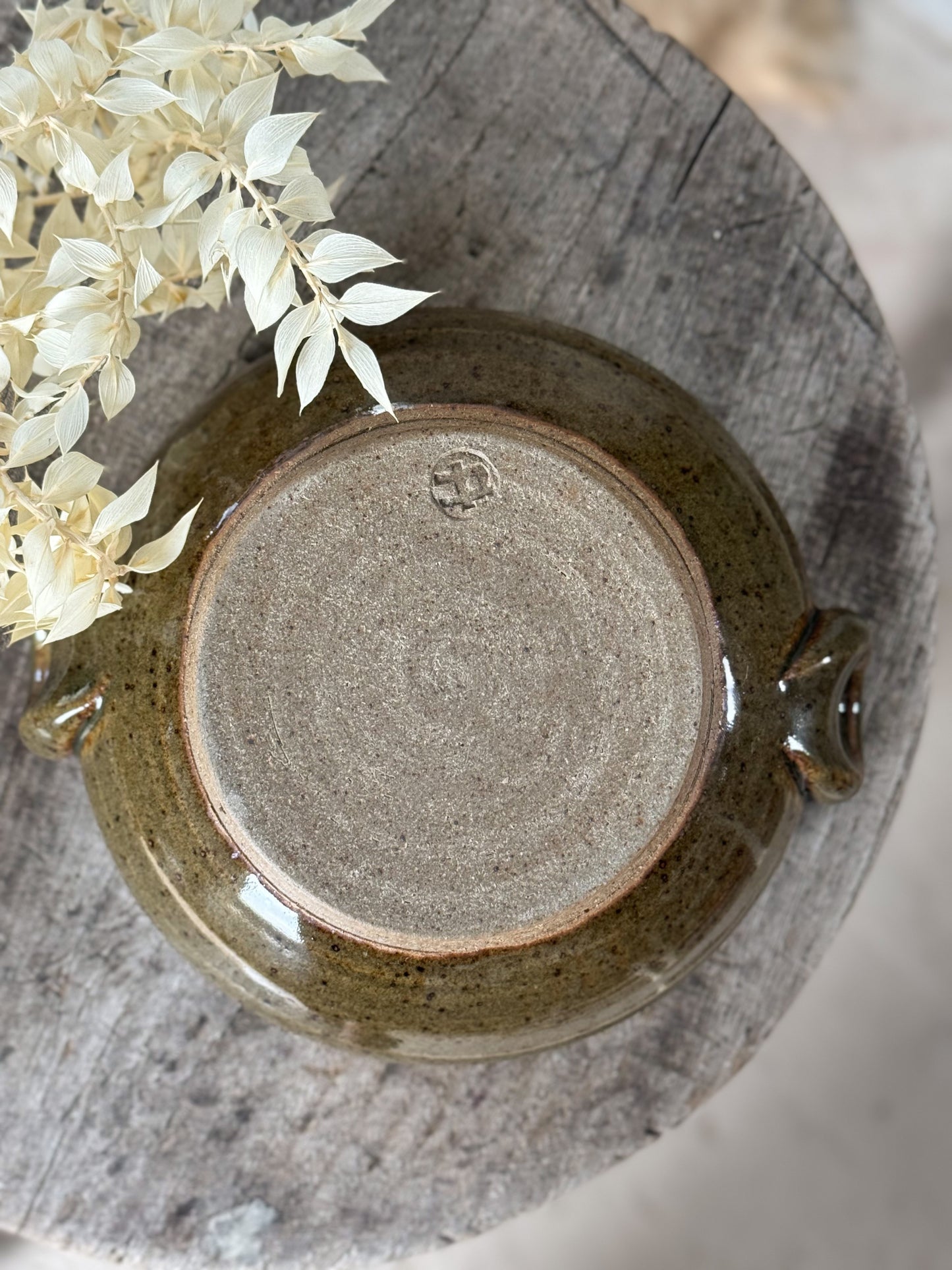 Pair of Studio Pottery Olive Green Salt Glazed Handled Bowls